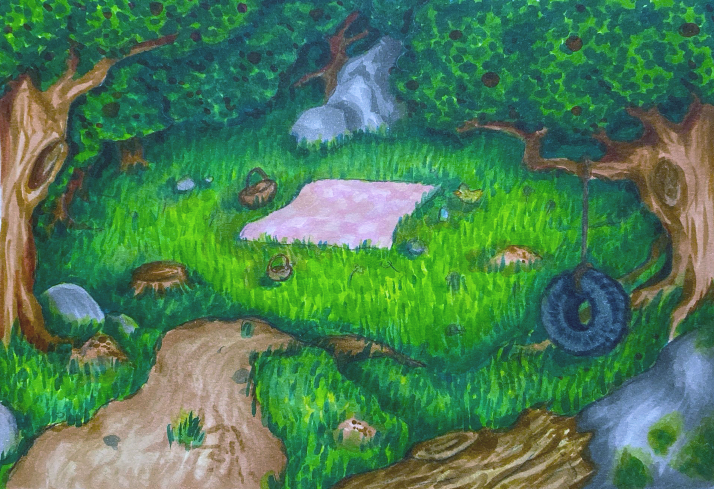 A colorful painting of trees, a small stream, green grass, and rocks in a natural scene.