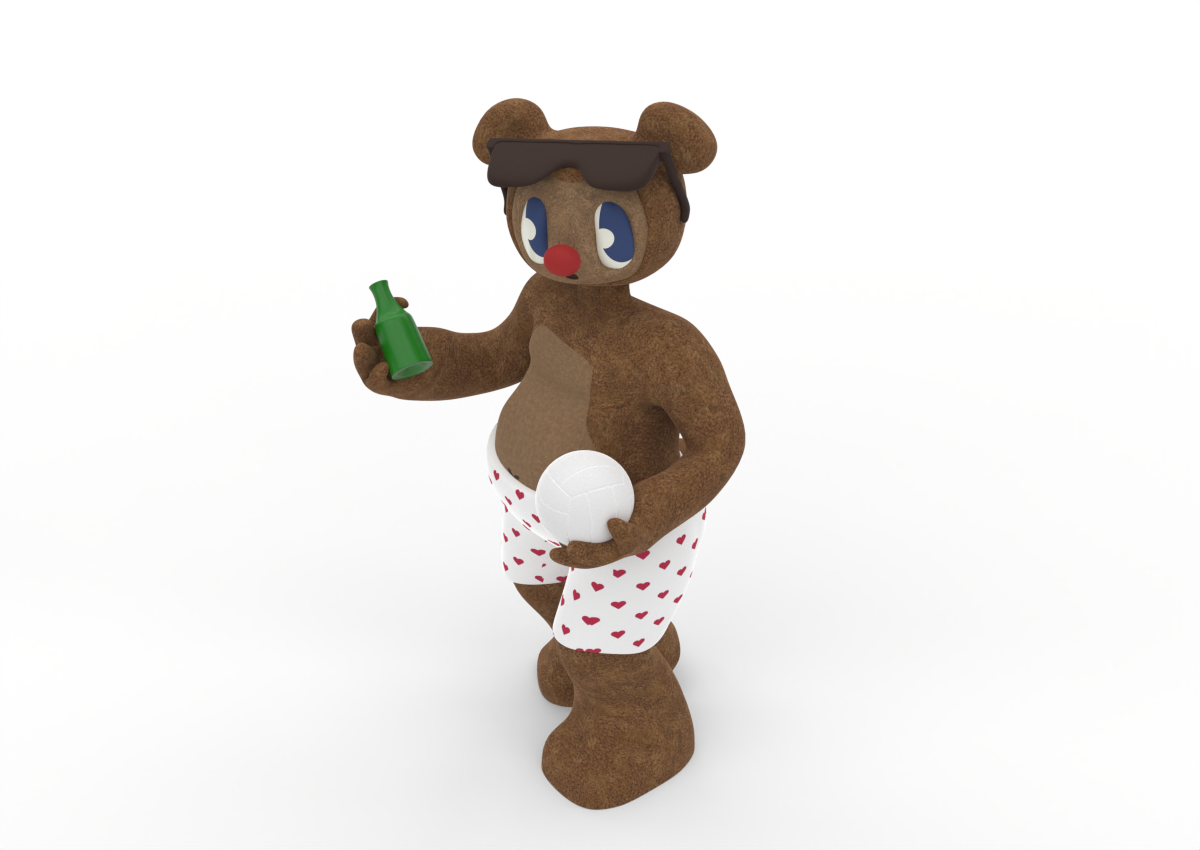 Cartoon bear wearing sunglasses and heart-patterned shorts, holding a volleyball in one hand and a green bottle in the other.