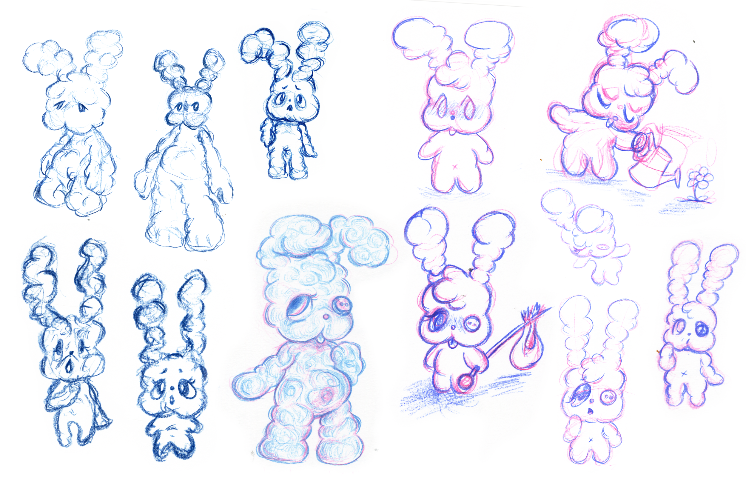 Sketches of various cartoon-style bunny characters with fluffy bodies, long ears, and expressive faces, some with bushy tails, drawn in blue and pink lines.