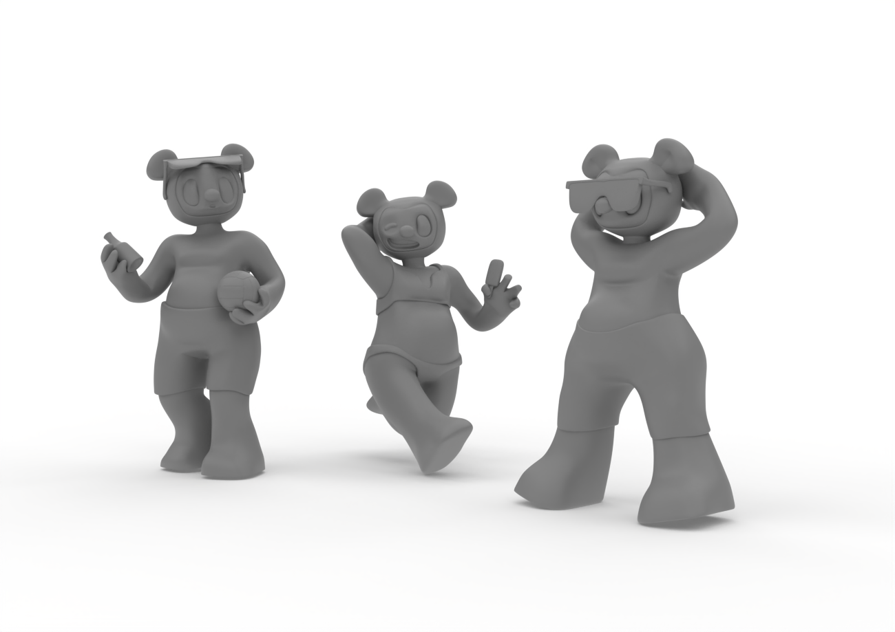 Three cartoon-style bear characters engaging in different activities on a white background.
