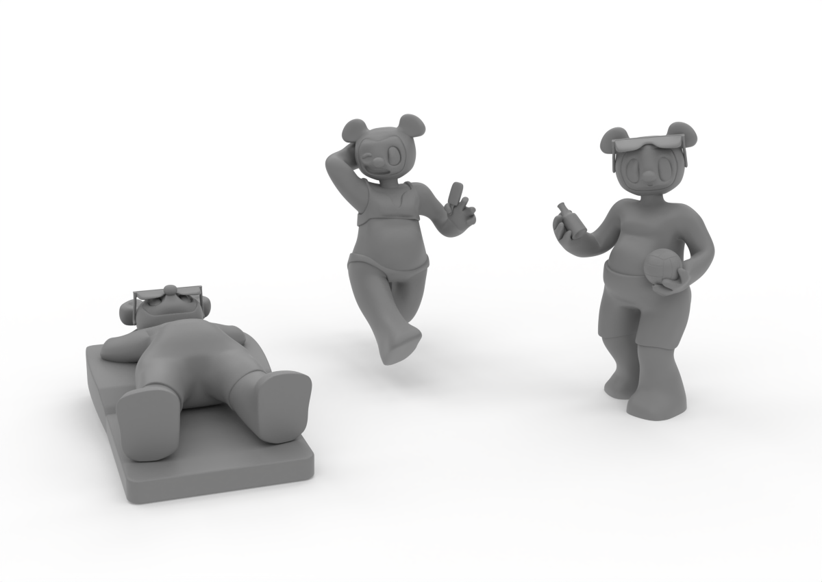 Three 3D teddy bear figures; one is lying on a lounge chair, while the other two are standing and holding objects, with one wearing sunglasses and a swimsuit, and the other holding a ball and a drink.