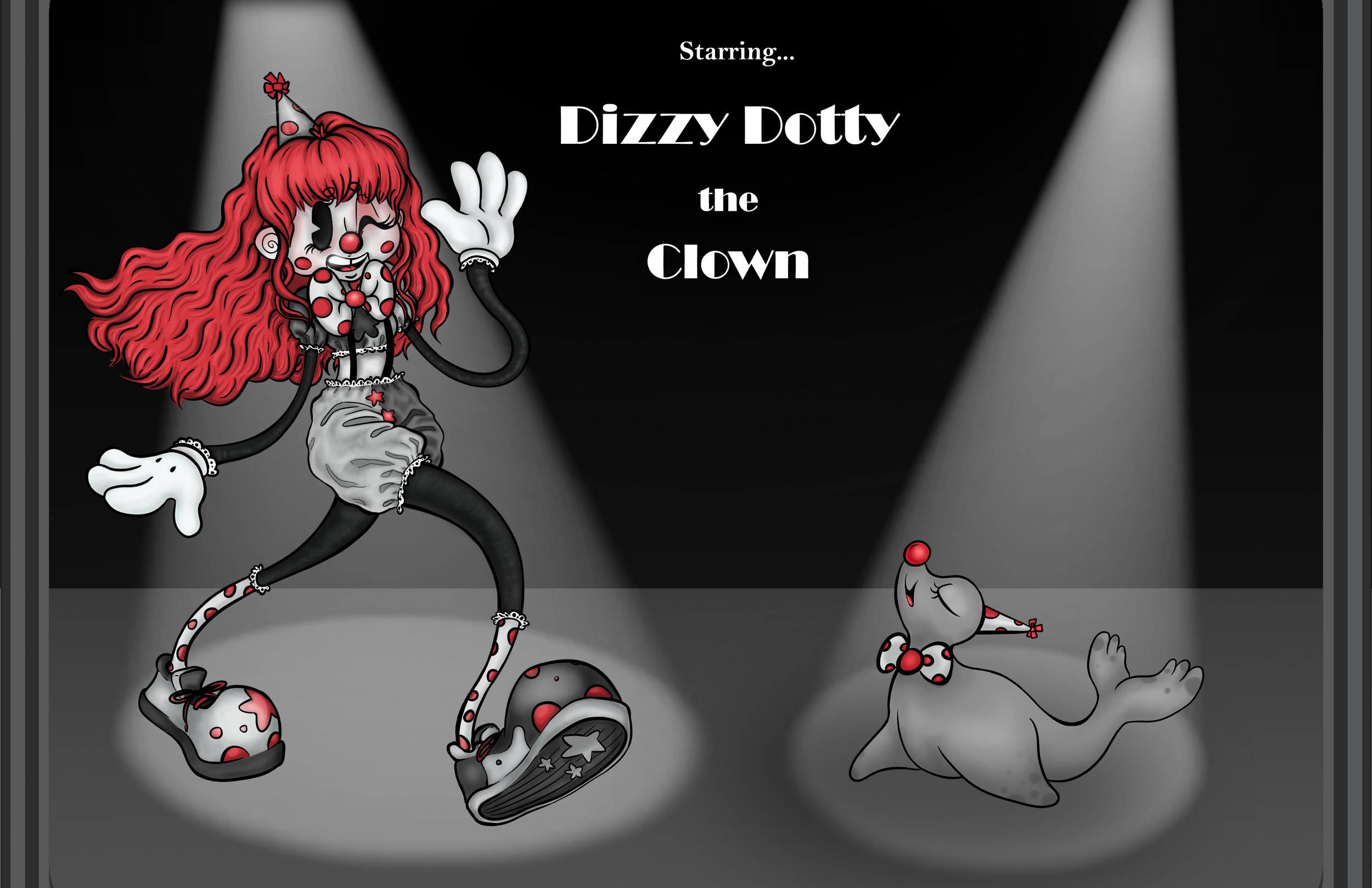 Cartoon clown with red hair, polka-dot costume, and clown shoes dancing under spotlights, with a grey mouse wearing a polka-dot bow and socks lying on the floor.