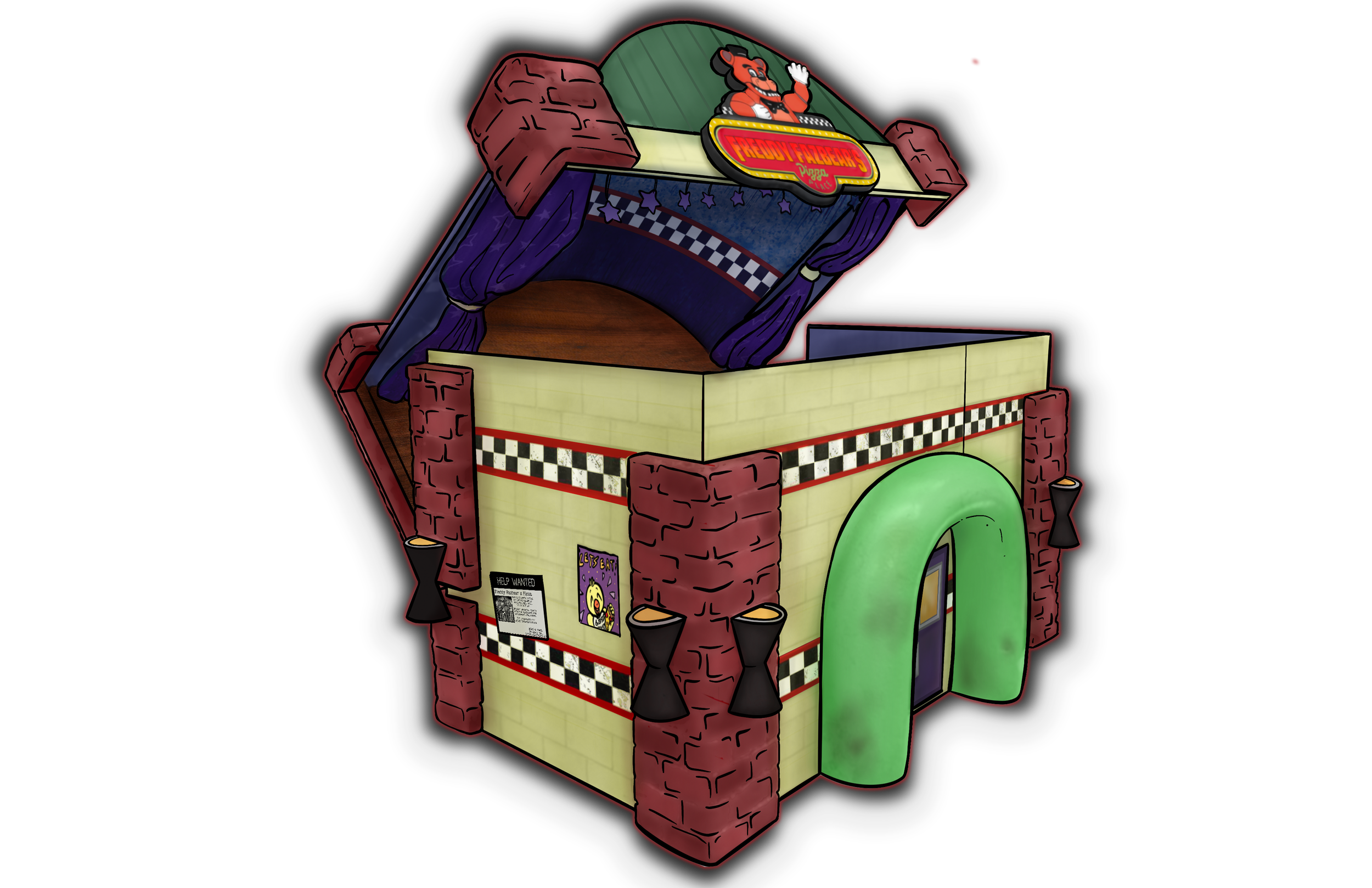 Model of Freddy Fazbear's Diner. The building features a Freddy Fazbear's pizza sign with a bear mascot, checkered patterns, and posters, including one with a clown face, creating a spooky arcade or amusement attraction.