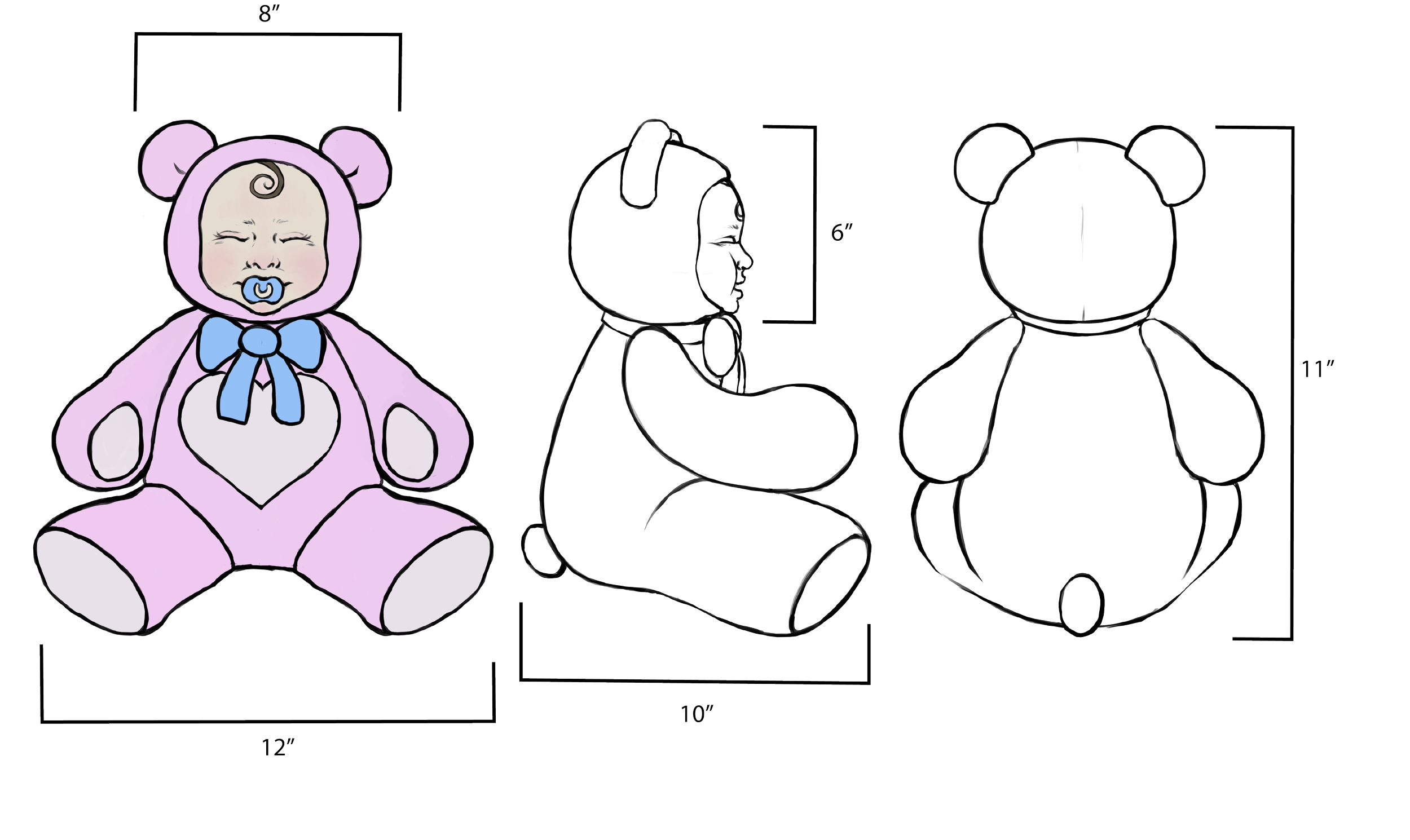 Colorful illustration of a baby in a bear costume with a blue bow, sitting and holding a blue pacifier, alongside separate black and white pattern and side view of the costume with measurements.