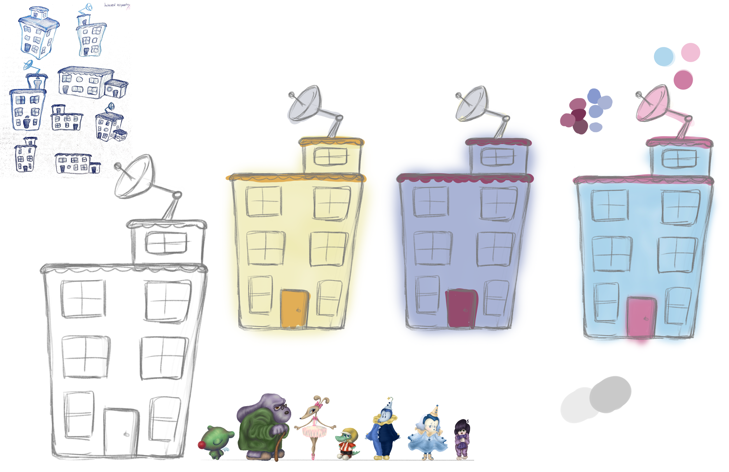 Colorful sketch of a cityscape with cartoonish buildings, some with satellite dishes, and a row of detailed fantasy characters at the bottom.