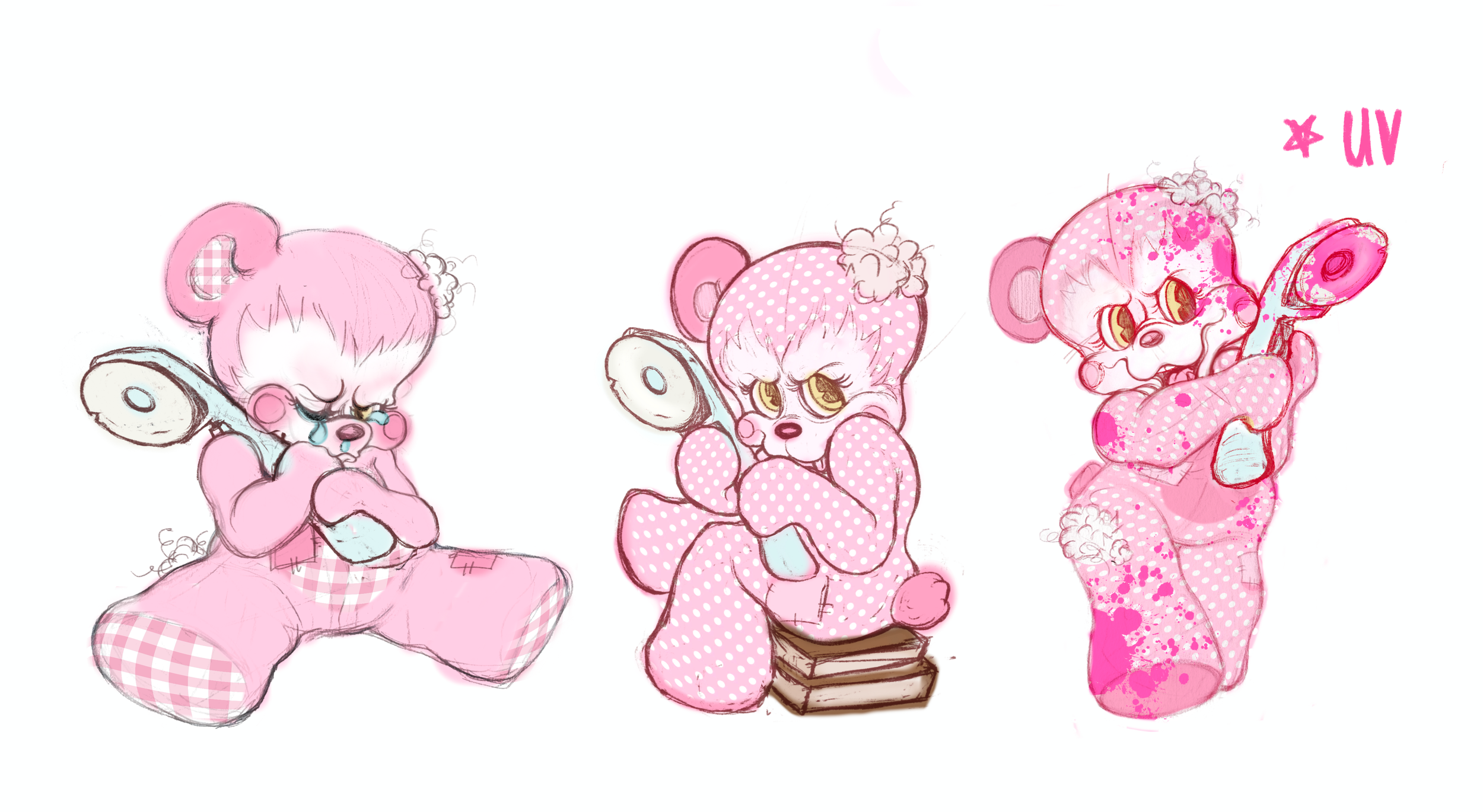 Sketches of three pink teddy bears, each with different expressions and accessories, on a white background.