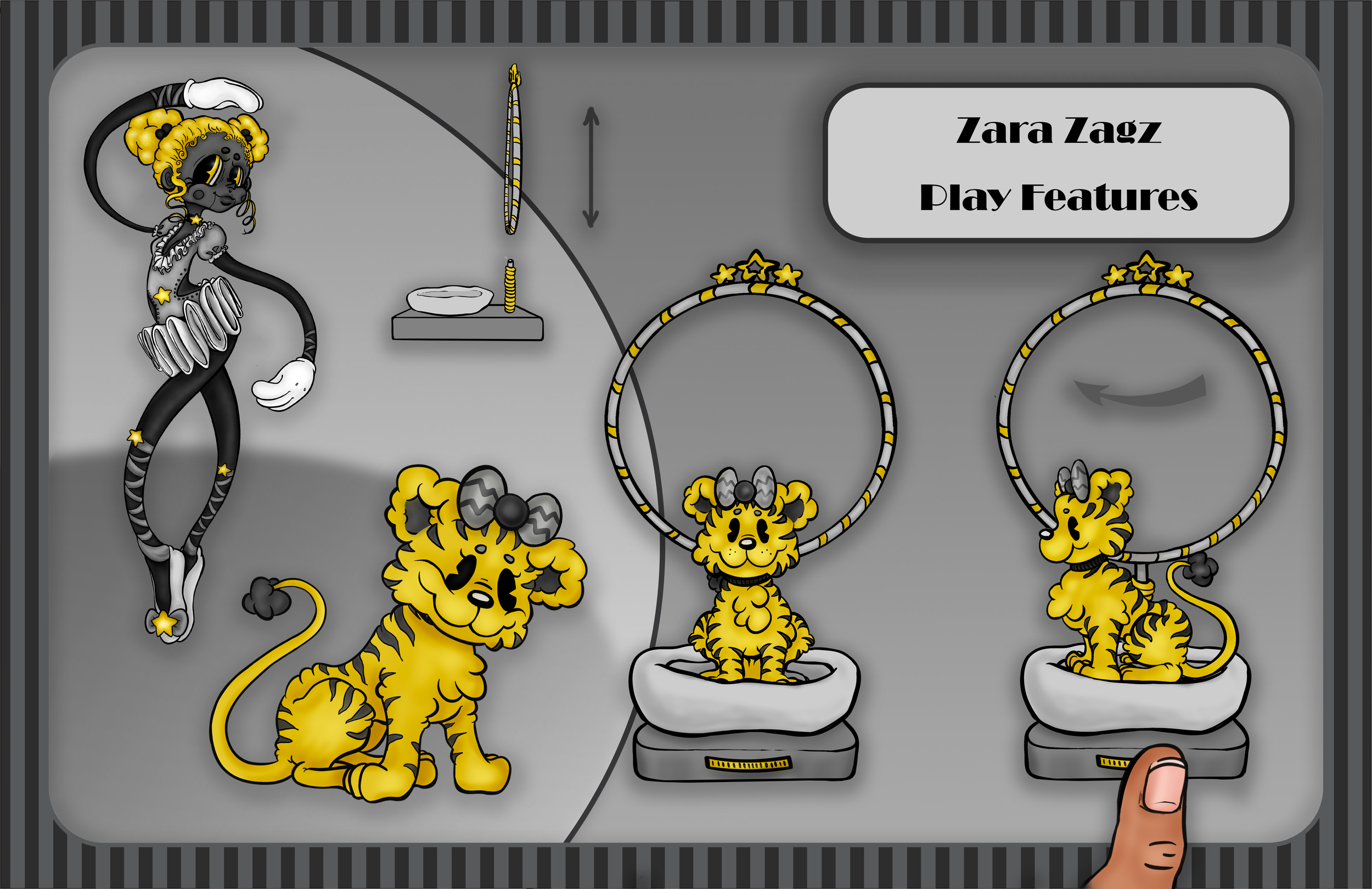 A digital illustration of a claw machine with a black and gray color scheme, featuring three yellow and black cartoon tiger plush toys inside, two of which are in hoops hanging from the top of the machine. The machine has a gray touchscreen that disp