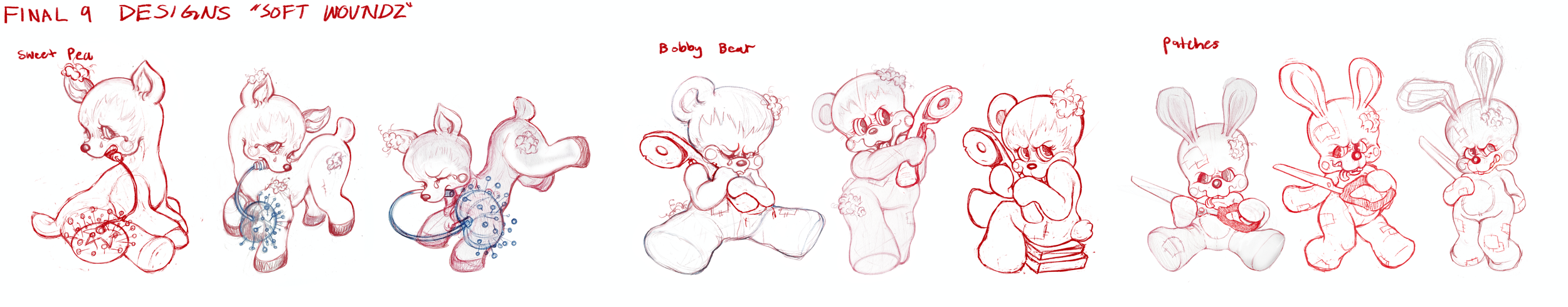 A series of hand-drawn cartoon character sketches in red and blue ink depicting a creative process for a project titled 'Final 9 Designs Soft Woundz.' Characters include a sweet pea-themed creature, a teddy bear named Bobby Bear, and a bunny with var