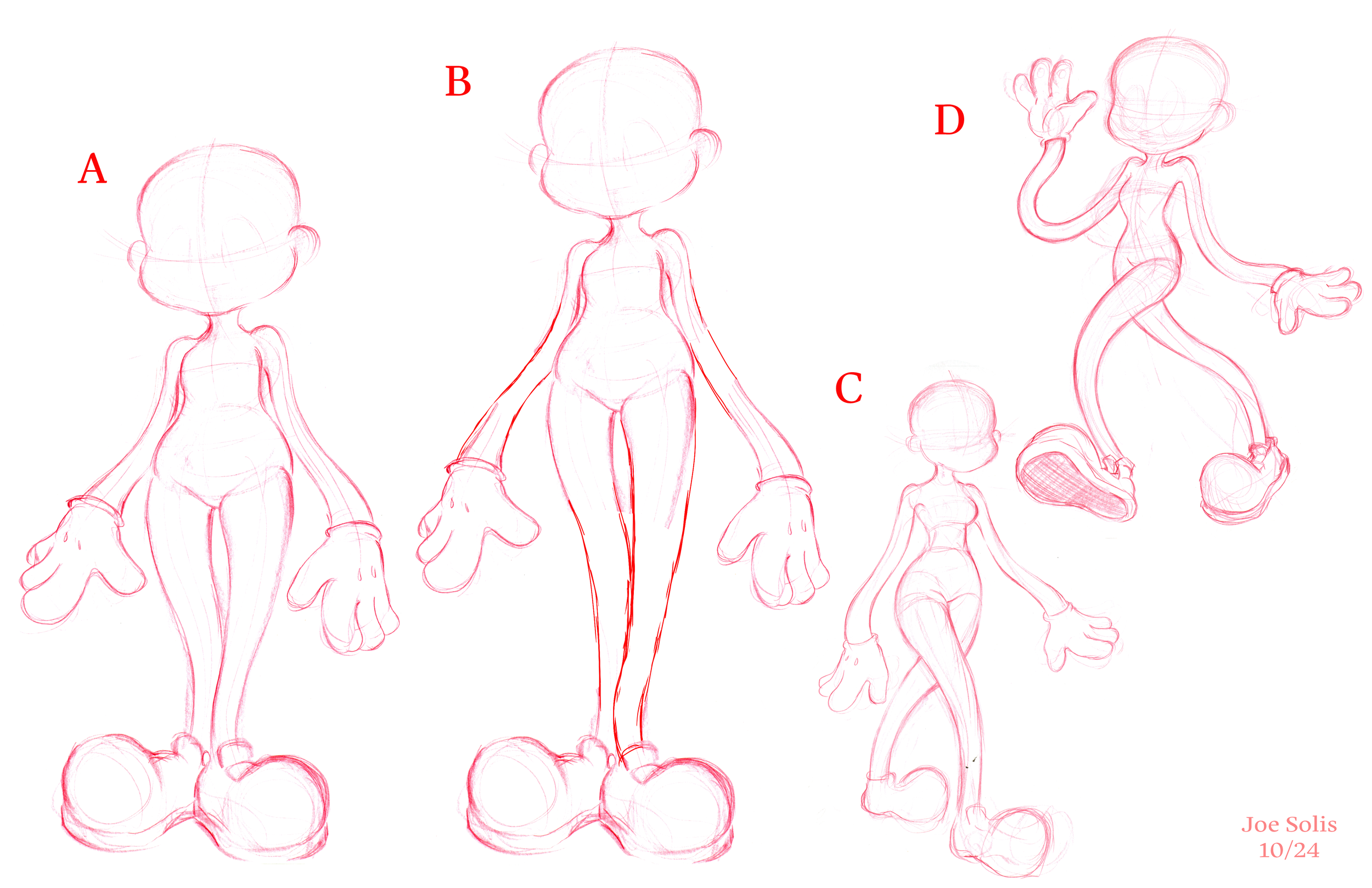 Progression of a cartoon character drawing from initial sketch to detailed figure, with labels A to D and artist's name and date in the bottom right corner.