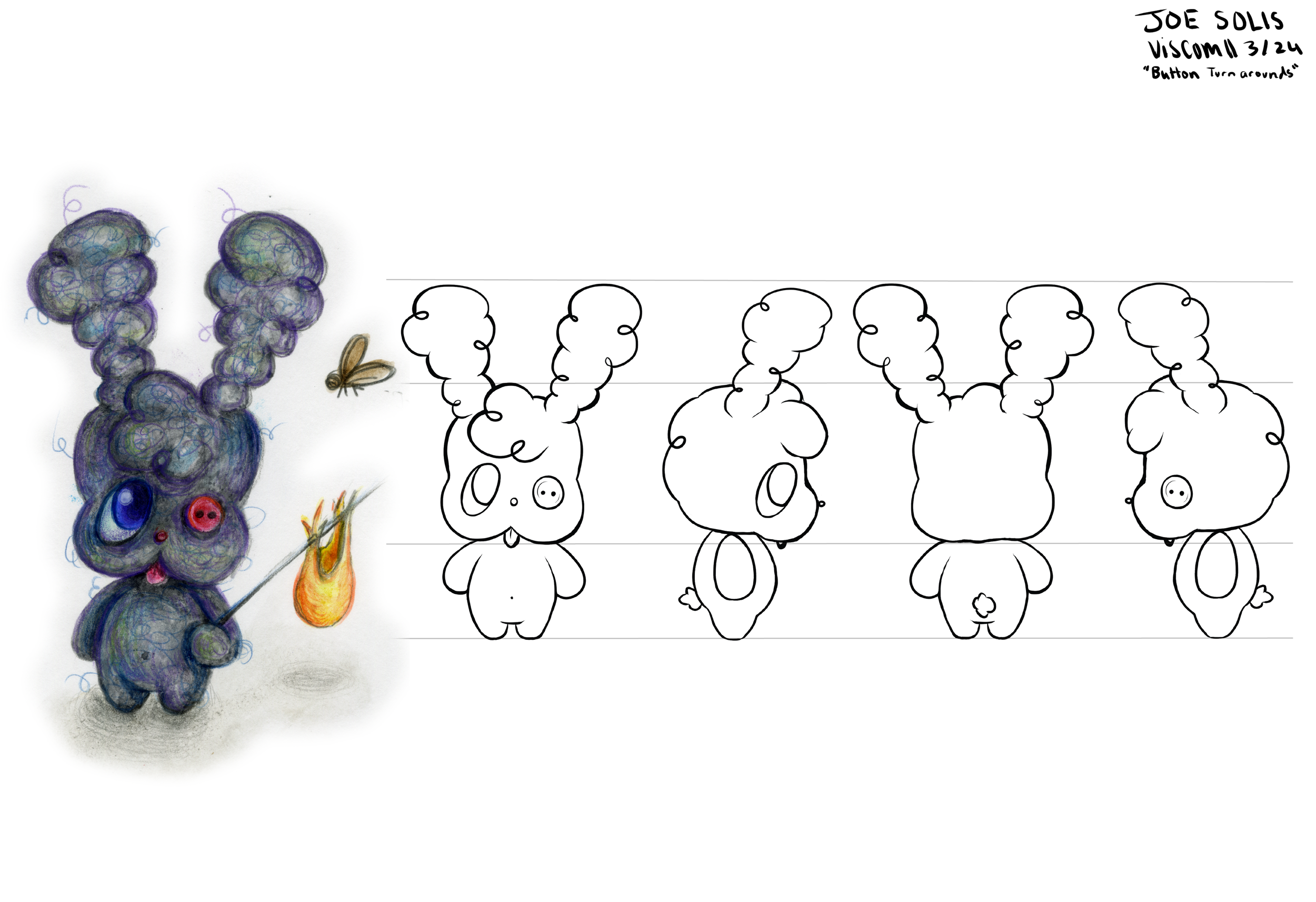 A drawing of a bear holding a flame in one paw, with a cluster of purple and blue circles forming its body. There is a small illustration of a bee nearby. To the right, there are black and white line art sketches of cartoon bear characters in a row, 