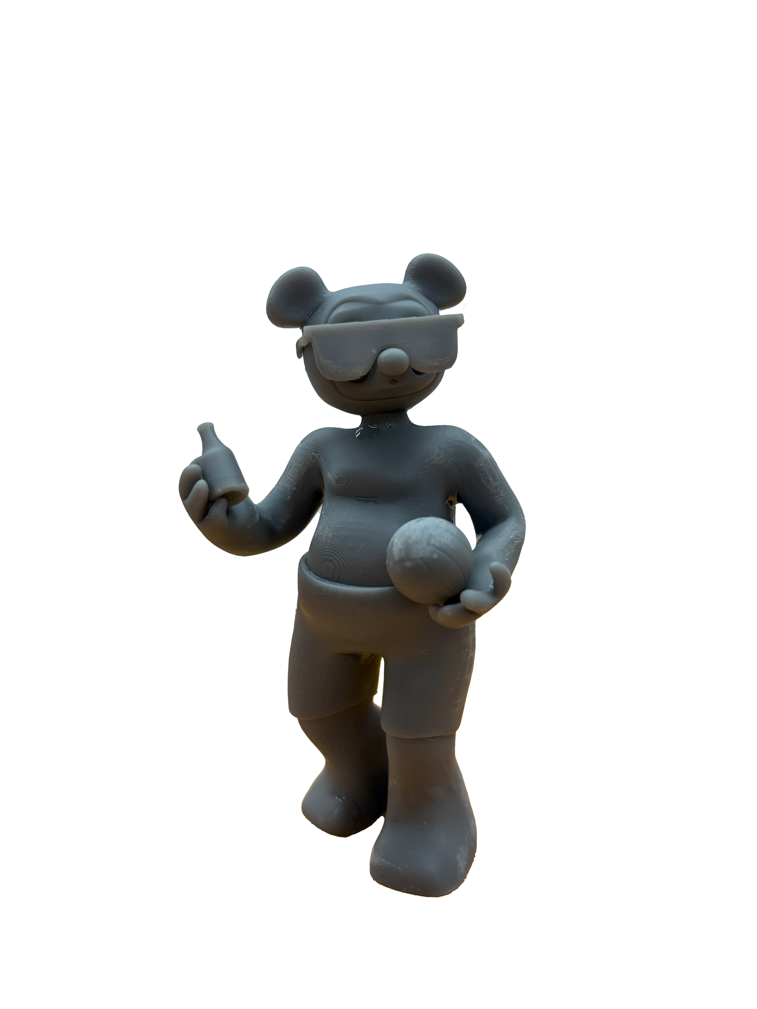 A gray cartoonish mouse figure wearing sunglasses, holding a small ball in its left hand, with an upright posture and pointing with its right hand.