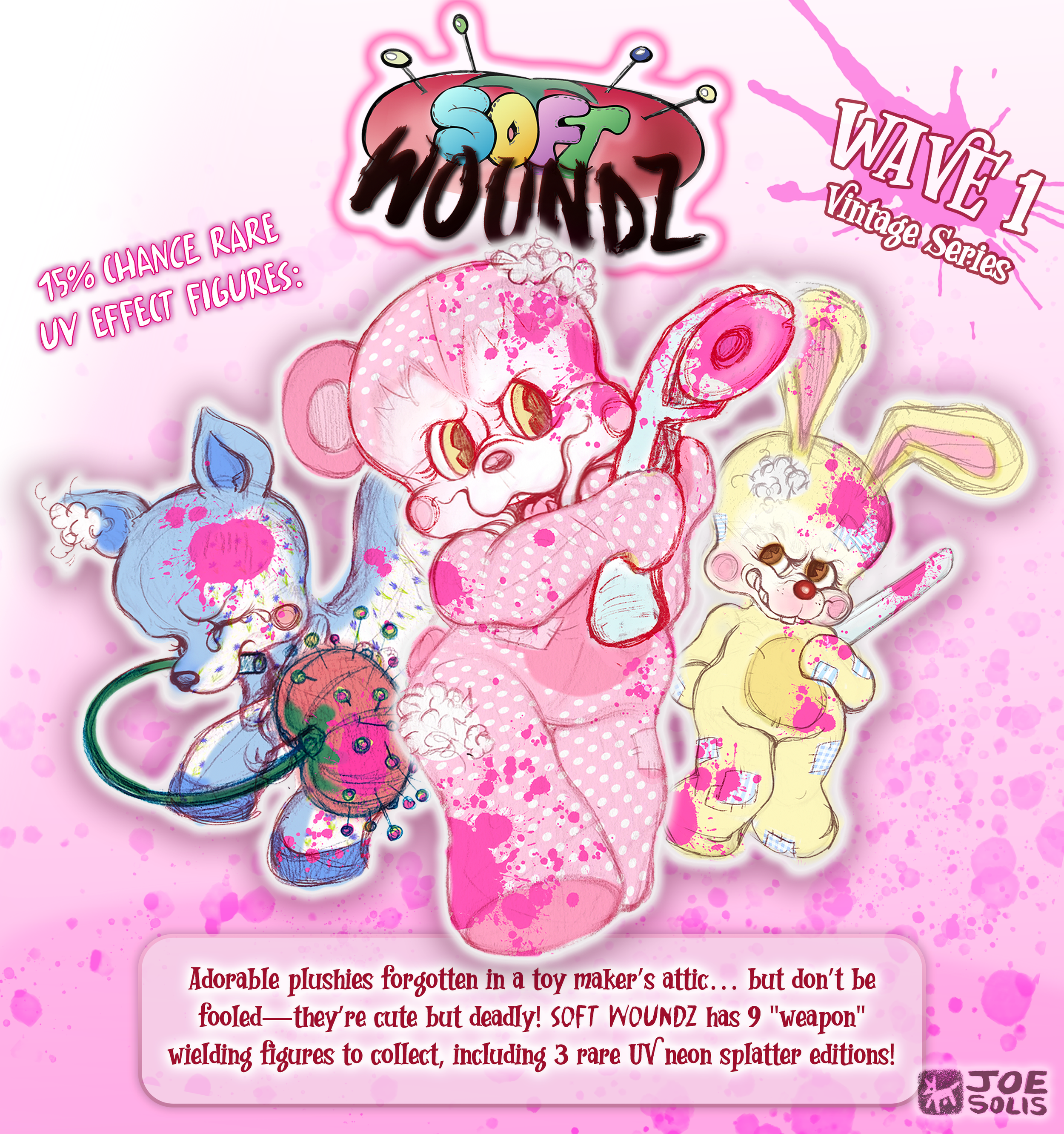 Colorful illustration of plush toys with a neon sign that reads 'SOFT WOUNDZ,' featuring a skull, bunny, and bear, with pink paint splatters and text about collectible plushies.
