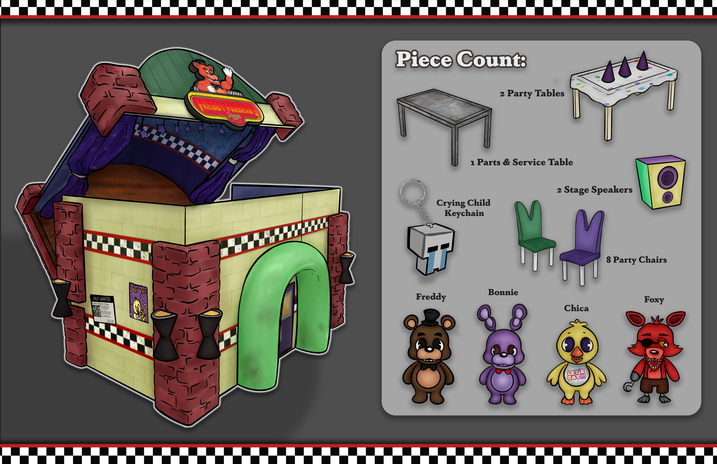 Illustration of a puppet show stage with red brick walls, purple curtains, and a green archway entrance. There is a puppet stage at the top with Freddy Fazbear from Five Nights at Freddy's waving. The right side shows a list of pieces including table