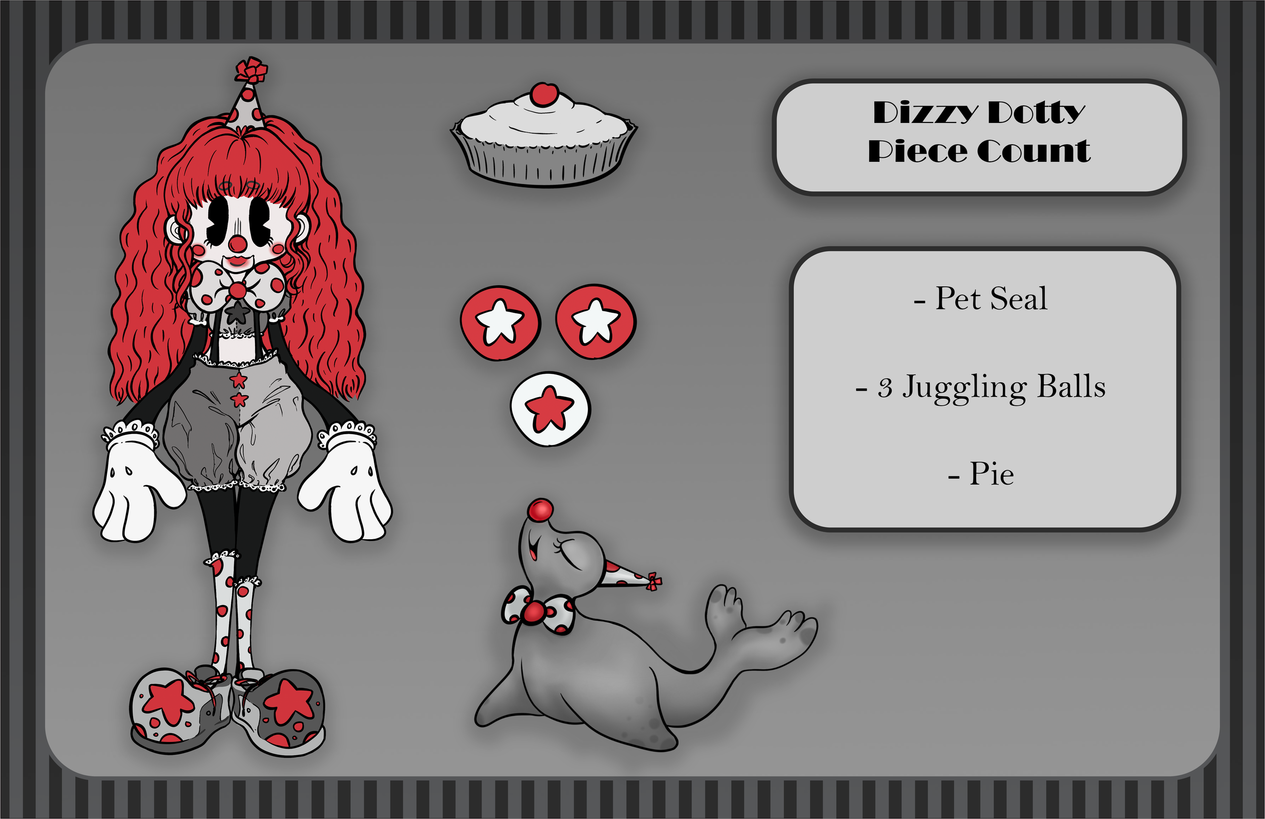 A carnival game featuring a clown doll with long red curly hair, wearing a polka-dotted outfit, large shoes, and a party hat, along with a toy mouse. The game involves spinning three red and white balls and pie to knock down objects, with a sign read