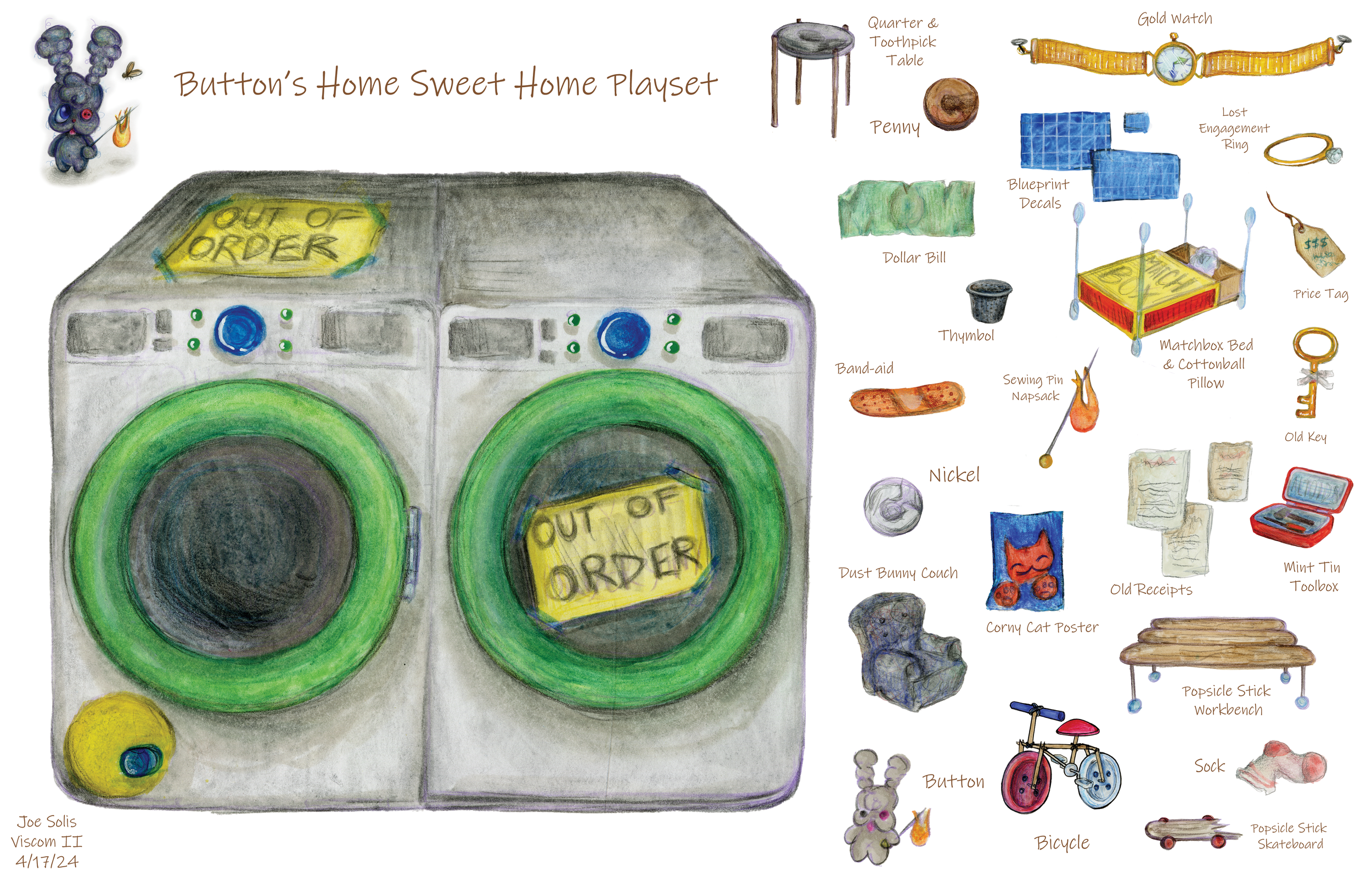 A colorful illustration of a laundry room scene with various items labeled. On the left side, there are washing machines with 'Out of Order' signs. Surrounding the scene are objects such as a bunny figure with a flaming torch, a small table, a penny,