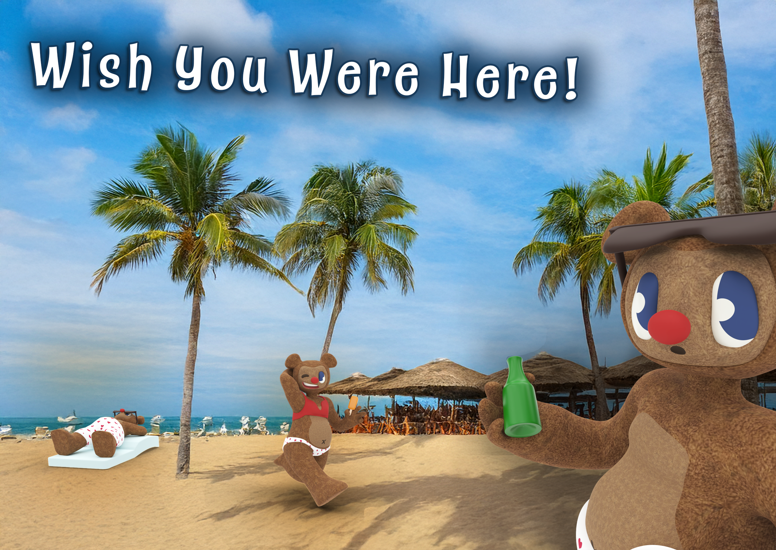 Beach scene with palm trees, umbrellas, and a blue sky, featuring cartoon teddy bears relaxing and enjoying drinks.