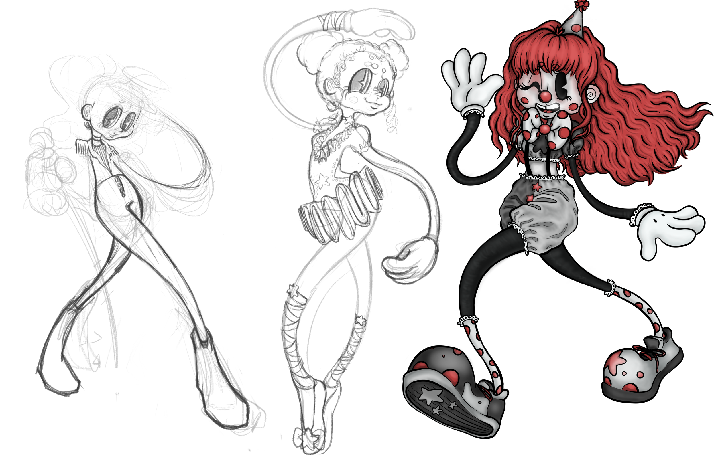 Colorful, cartoon-style illustration of a clown girl with red, curly hair, wearing a party hat, polka-dot outfit, and clown shoes. She has a big smile, winks, and is waving.