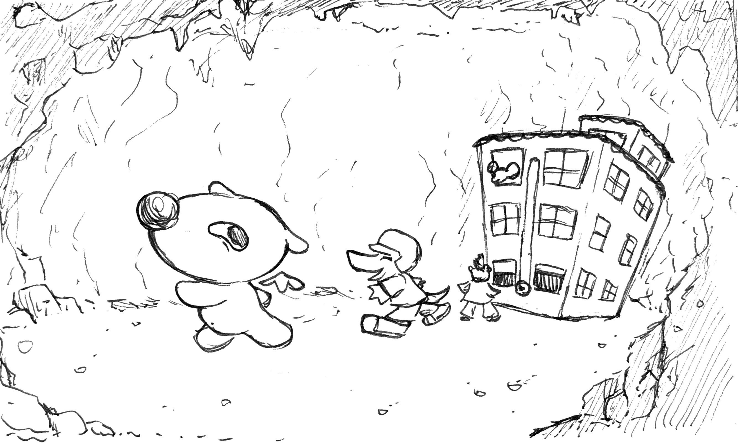 Children playing in a park near a large building, with trees and rocks surrounding them.