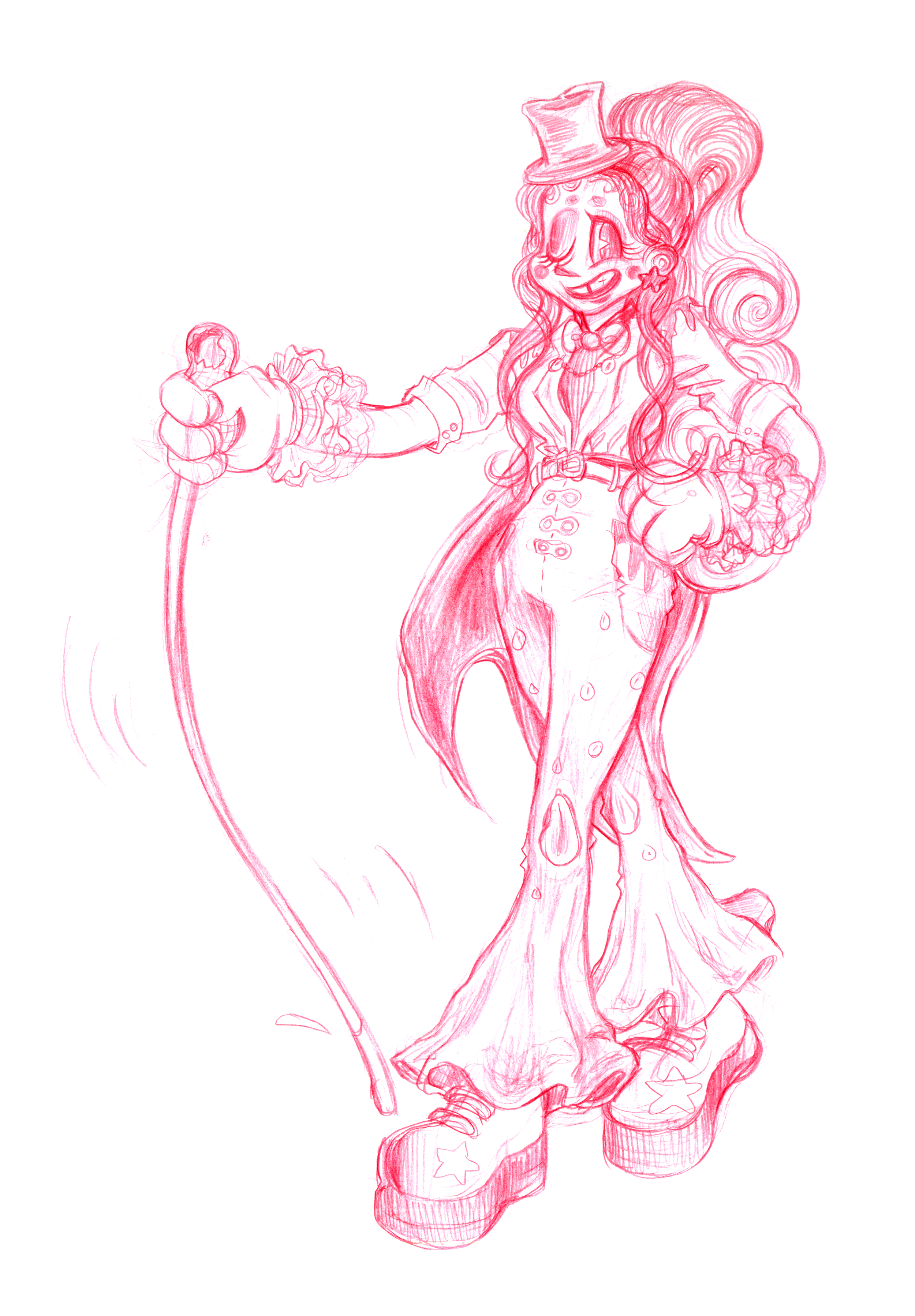 A whimsical sketch of a clown with long, flowing hair wearing a tall hat, colorful clown shoes with star designs, and colorful clothing, holding a magic wand.
