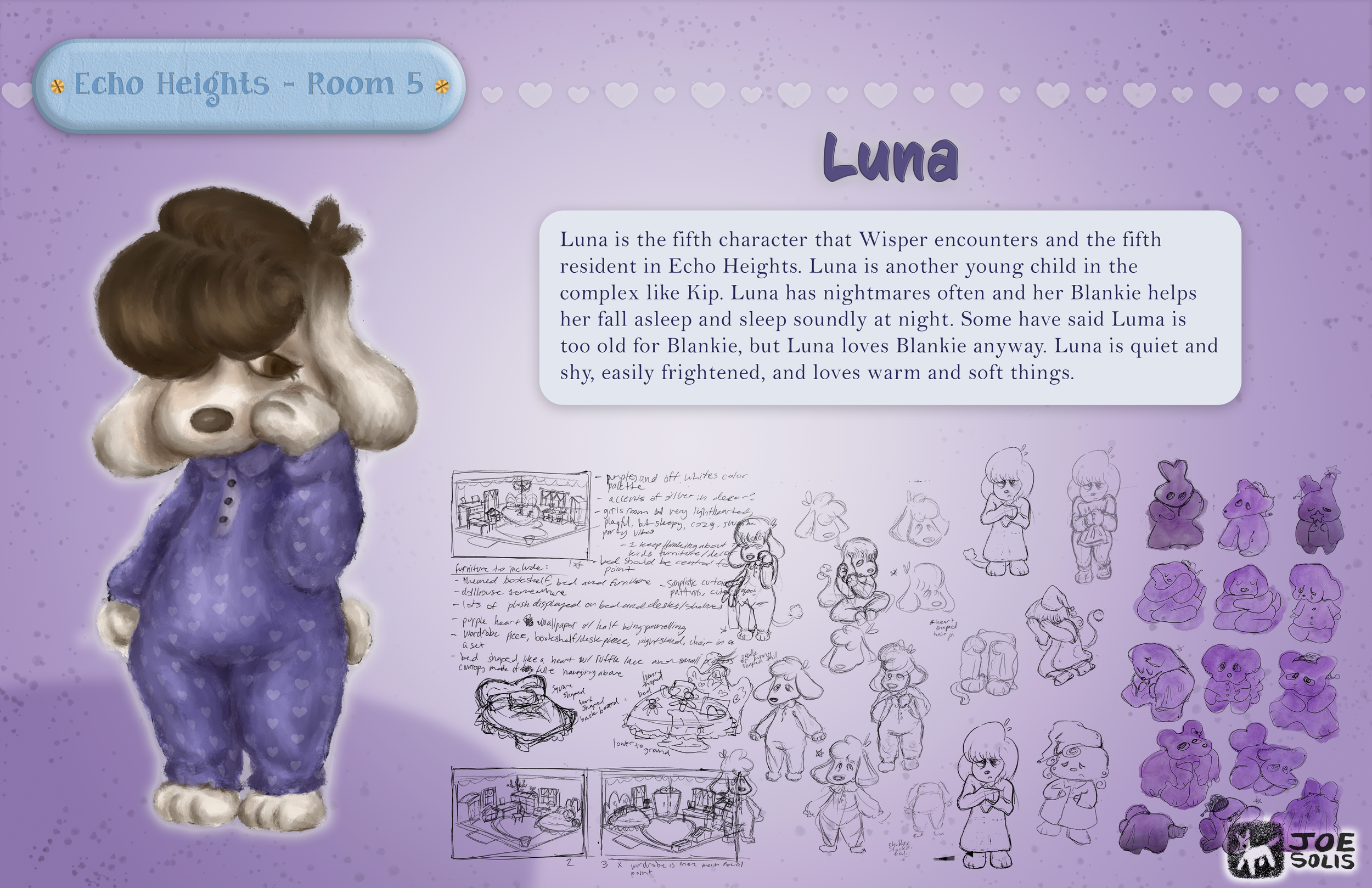 A character sheet with a background featuring a purple and blue theme, displaying a detailed illustrated character named Luna, with sketches, notes, and colored versions of her in various poses. The sheet includes a description of Luna, her backgroun