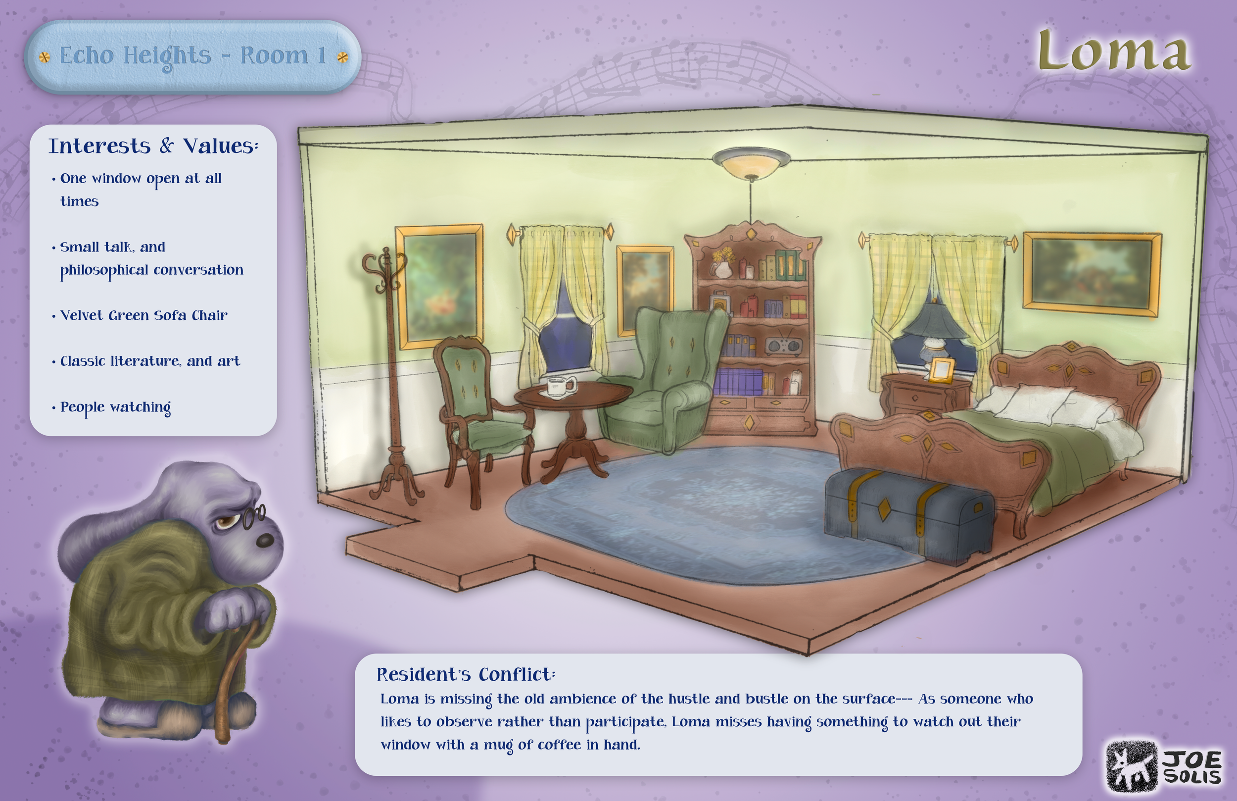 Illustration of a cozy bedroom with a green velvet armchair and matching footstool, a bed with a headboard, a bookshelf, and a window with yellow curtains. There are tinted windows on the walls and some artwork. A lamp on a nightstand and a blue circ