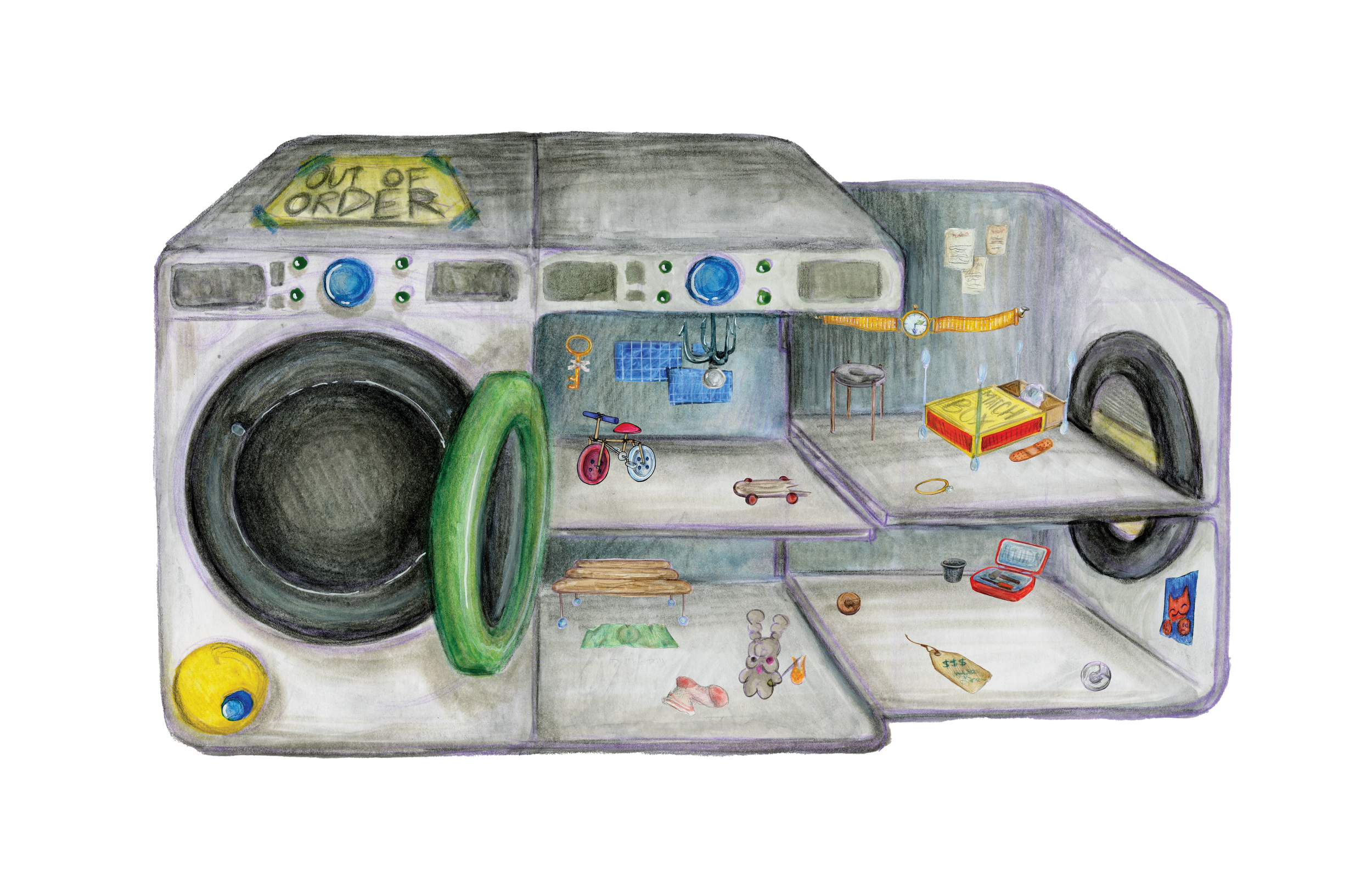 Washing Machine playset with various toys and objects inside and around it, including a bicycle, makeshift bed, and other makeshift objects. The washing machine has a sign saying 'Out of Order' on the top.