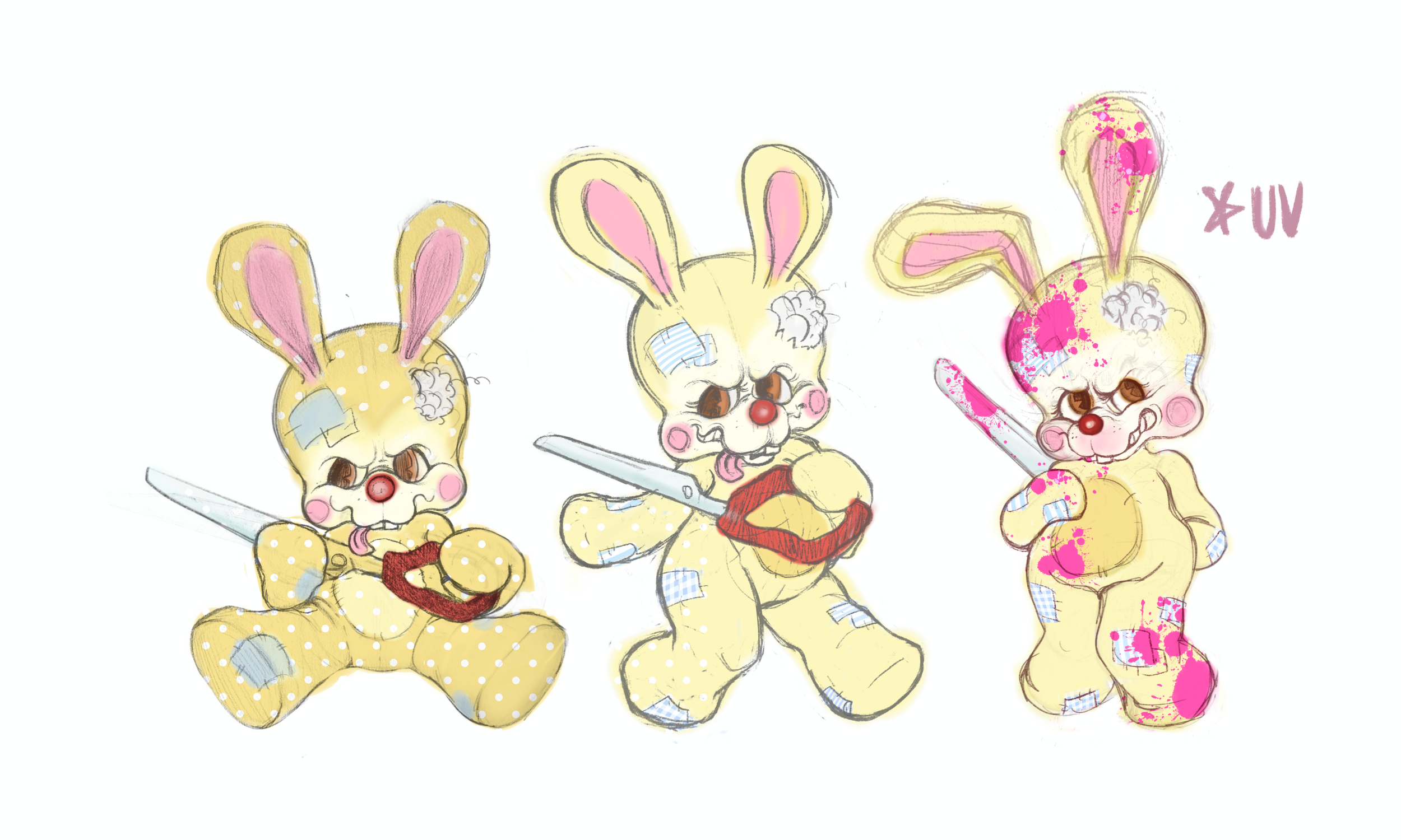 Drawing of three cartoon bunnies with bandages and red noses, one holding knitting, one holding a sword, and one with pink paint splatters and the text 'UV' beside it.