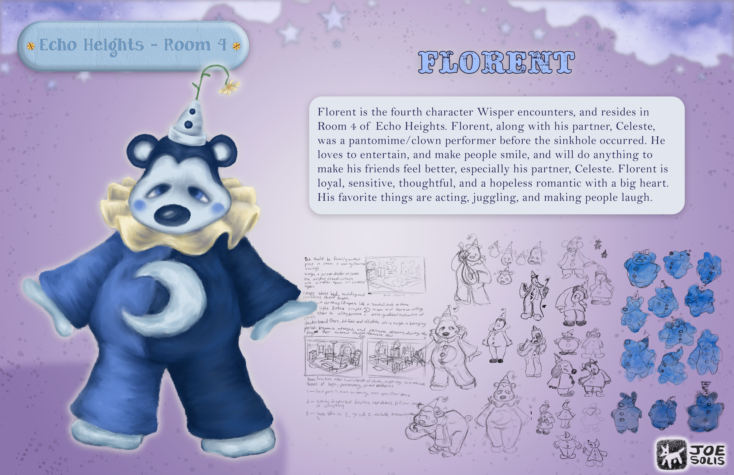 Character sheet and concept art for Florent, the fourth character from the show Echo Heights, featuring sketches, notes, and a fully colored illustration of Florent in a clown costume with a hat, scarf, and a sad facial expression.