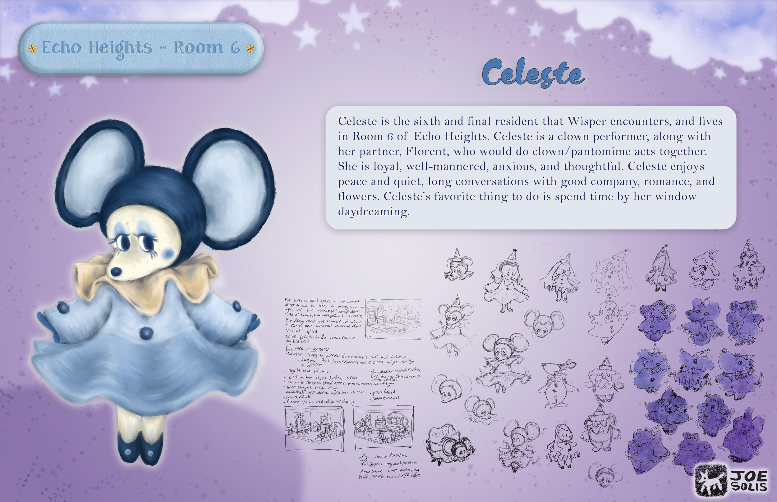 A colorful display board titled "Celeste" from Echo Heights, Room 6, featuring a large illustration of a mouse character dressed as a clown with a blue hat and ruffled collar. The board includes sketches and notes about character design, with small d