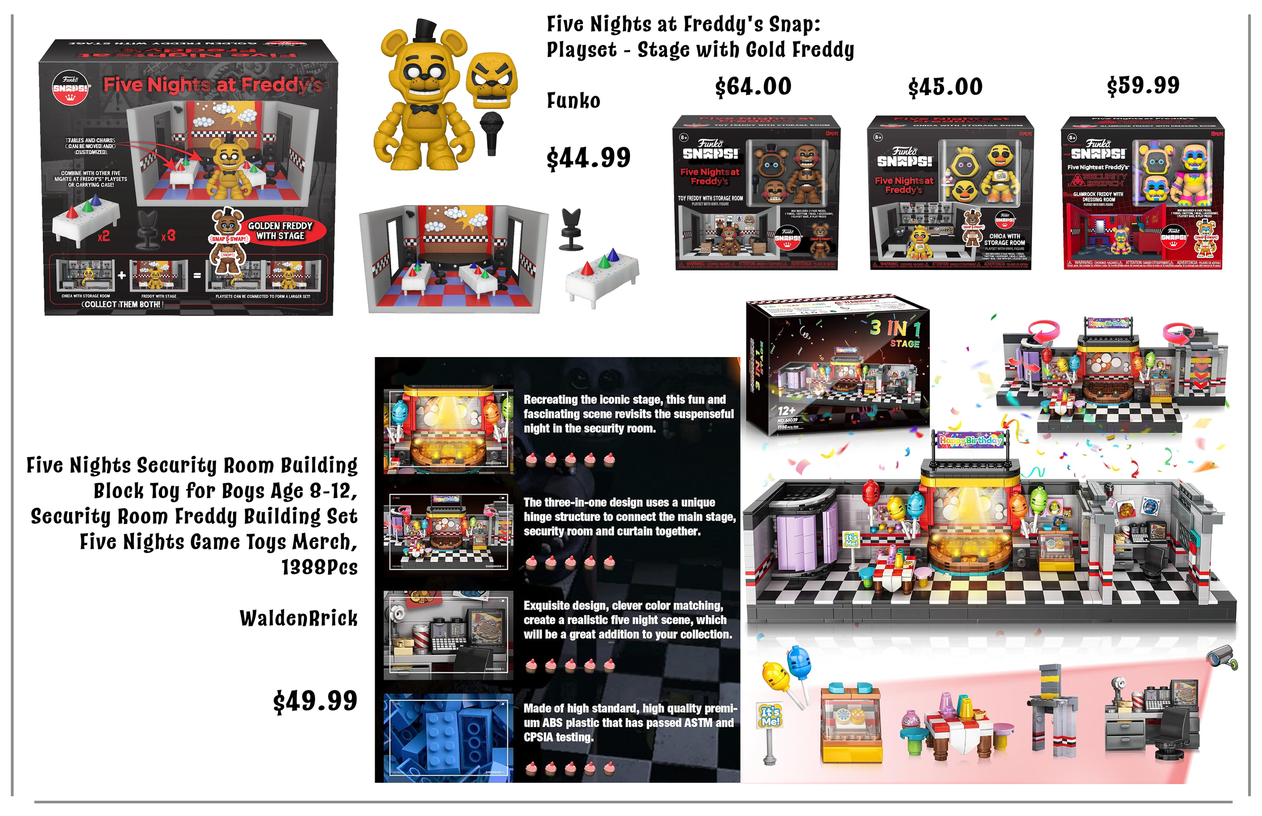 Display of Five Nights at Freddy's themed toys including a stage with a golden Freddy figure and head, various game sets and accessories, prices ranging from $44.99 to $64.00, with colorful decorations and product descriptions.
