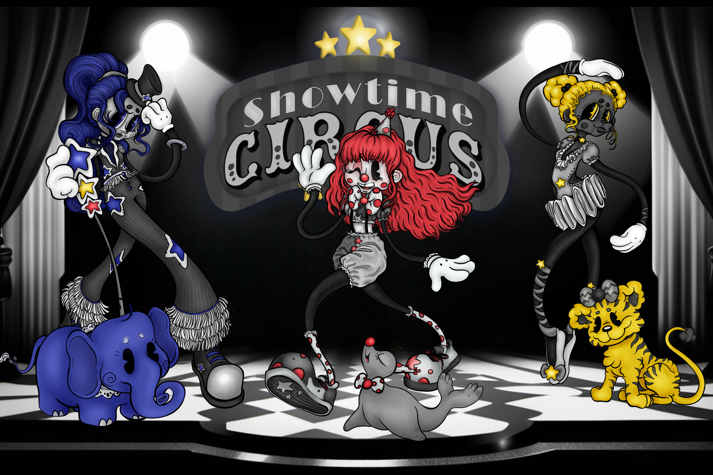 Colorful cartoon-style illustration of three clown performers on a stage with spotlights and a sign reading 'Showtime Circus' in the background. The clowns are dressed in vibrant costumes with stars and polka dots in colors blue, red, yellow, and bla