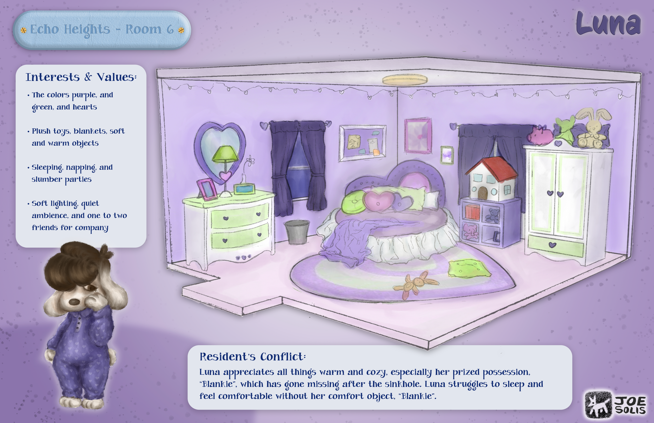 Digital illustration of a bedroom with purple walls, string lights, a bed with heart-shaped pillows, a nightstand with picture frames, a window with dark curtains, a wardrobe with stuffed animals, and toys on the floor. The room is labeled 'Luna' and