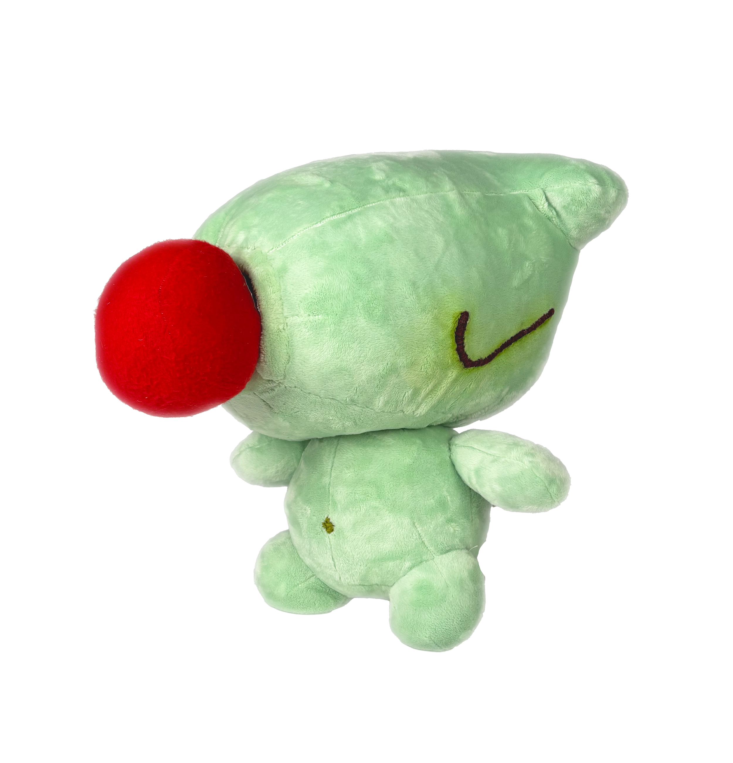 A plush toy of Wisper, with a red nose that can detach with magnet technology, and small embroidered eyes. 