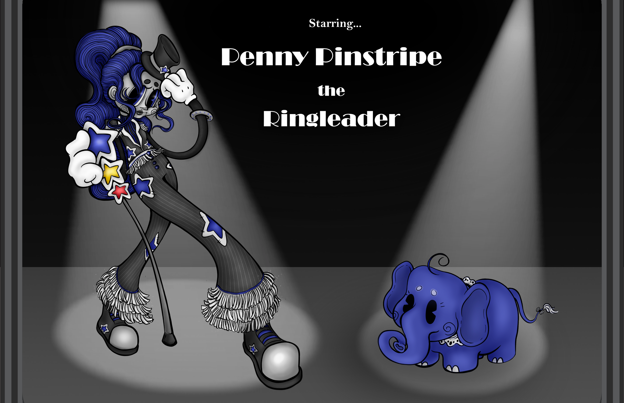 A cartoon-style illustration features a performer dressed as Penny Pinstripe, a ringmaster, wearing a black and white pinstriped suit with star patterns, high-heeled shoes, and a tall black top hat. They have long, curly blue hair and are holding a m