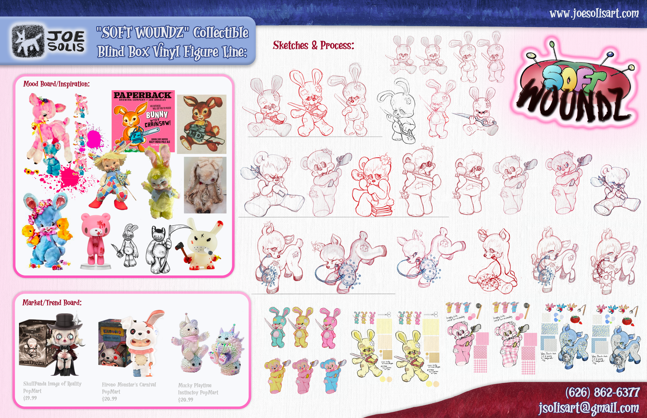 A detailed guide on creating a soft wound collectible bunny vinyl figure line, including sketches, process, and trend boards, with images of various plush and vinyl bunny characters and design elements.