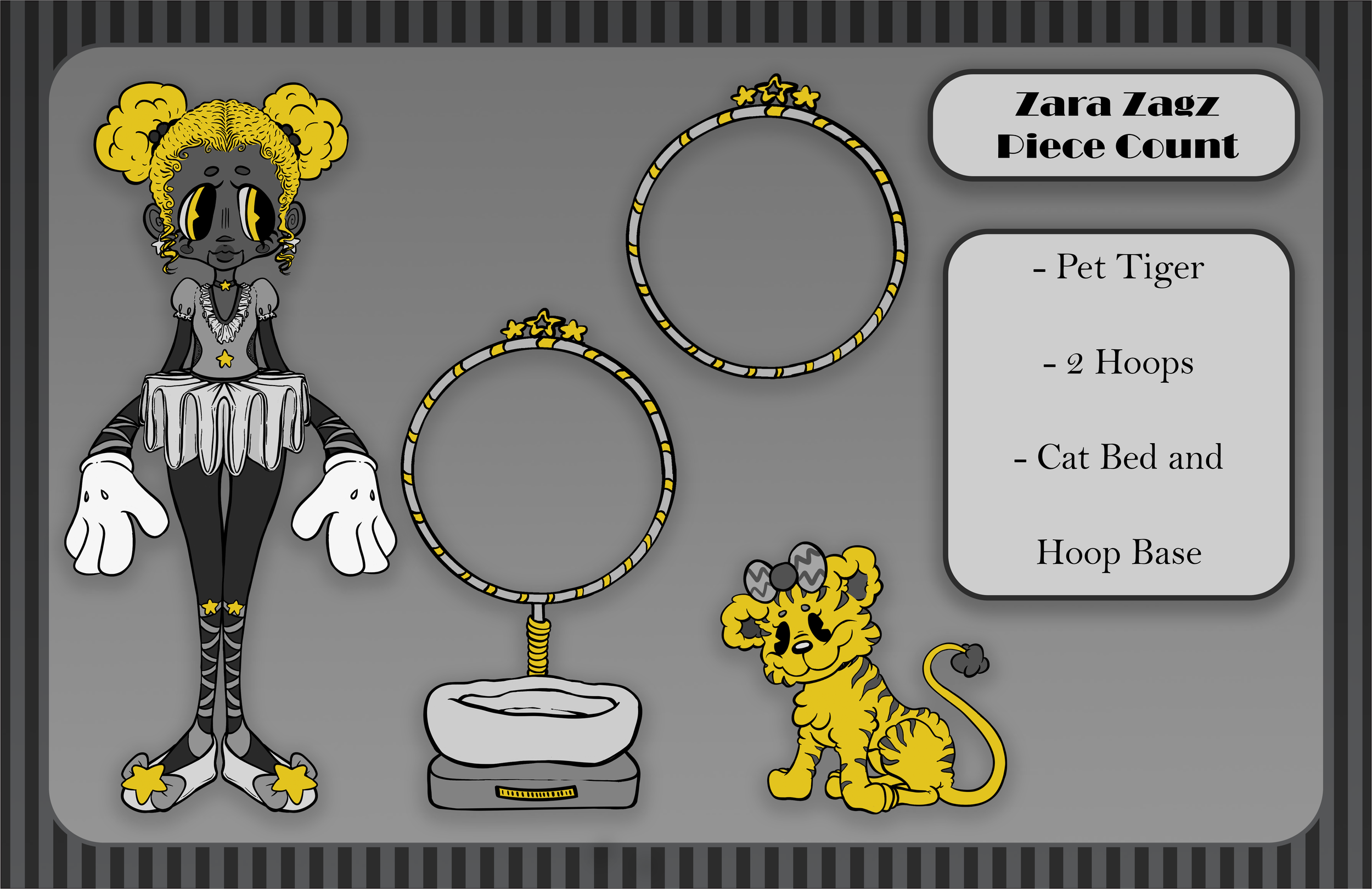 Illustration of jewelry pieces including a necklace with star charms, a bracelet with star charms, and a hoop base, accompanied by cartoon-style characters of a girl with yellow hair in puffy pigtails and a yellow tiger.