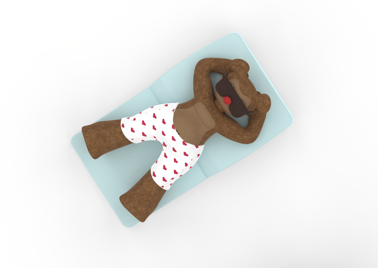 A plush teddy bear wearing heart-patterned pajama shorts and sunglasses, lying on a light blue mattress with arms behind its head.