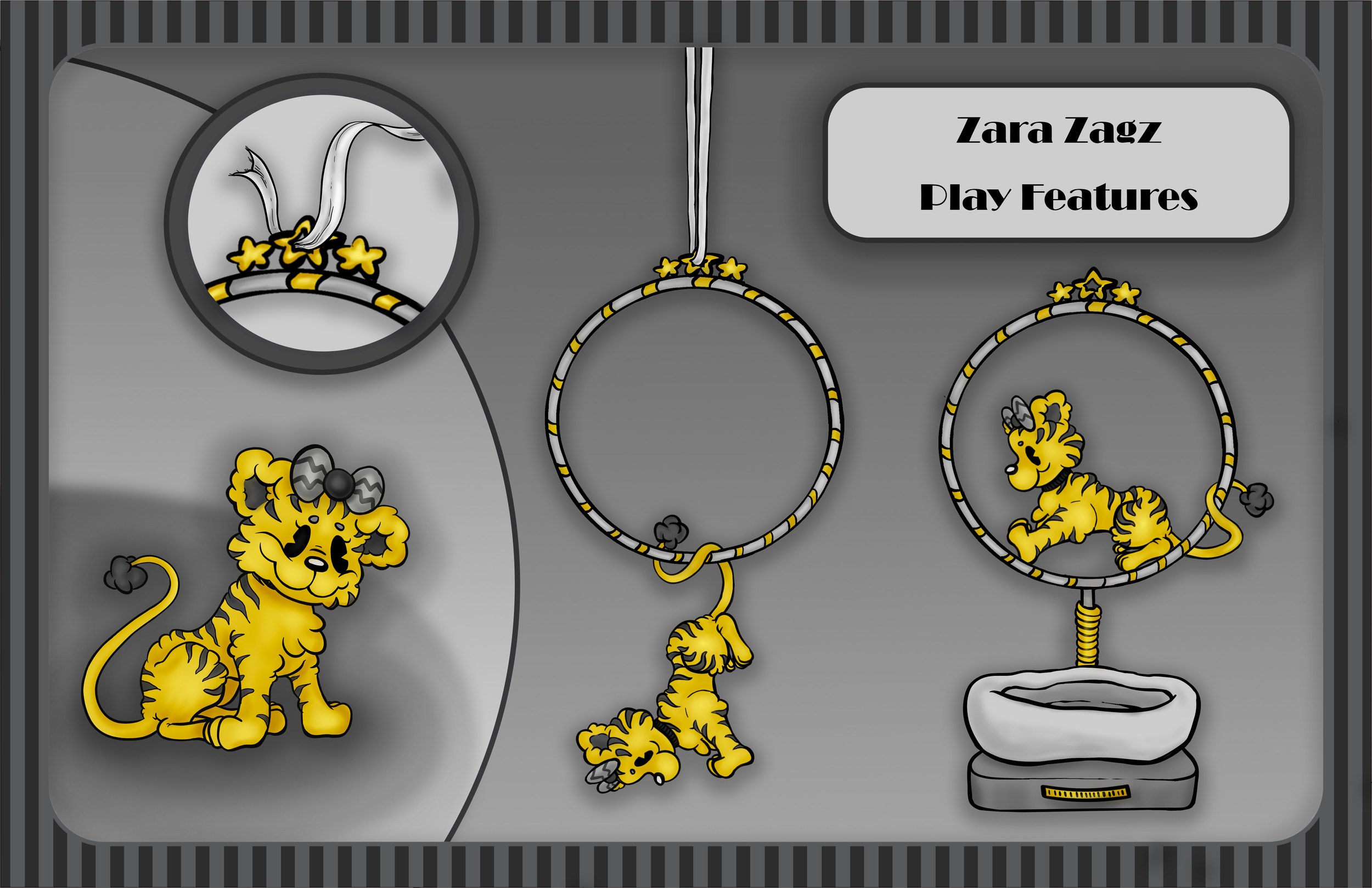 A gray game board with a tigers and a ring toss game. The ring toss includes three rings, one of which is hanging from a hook with star-shaped decorations. The tiger figures are yellow with black stripes, one sitting on the left and the other lying d