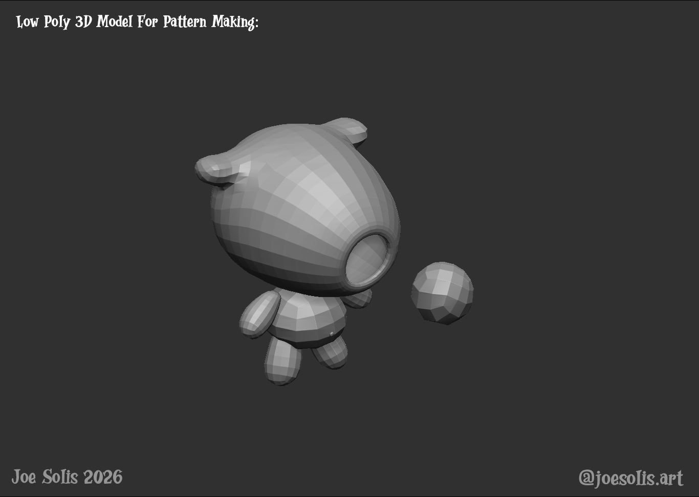 3D low-poly model of a cartoonish character with a large head, small limbs, and a small ball next to it, used for pattern making.