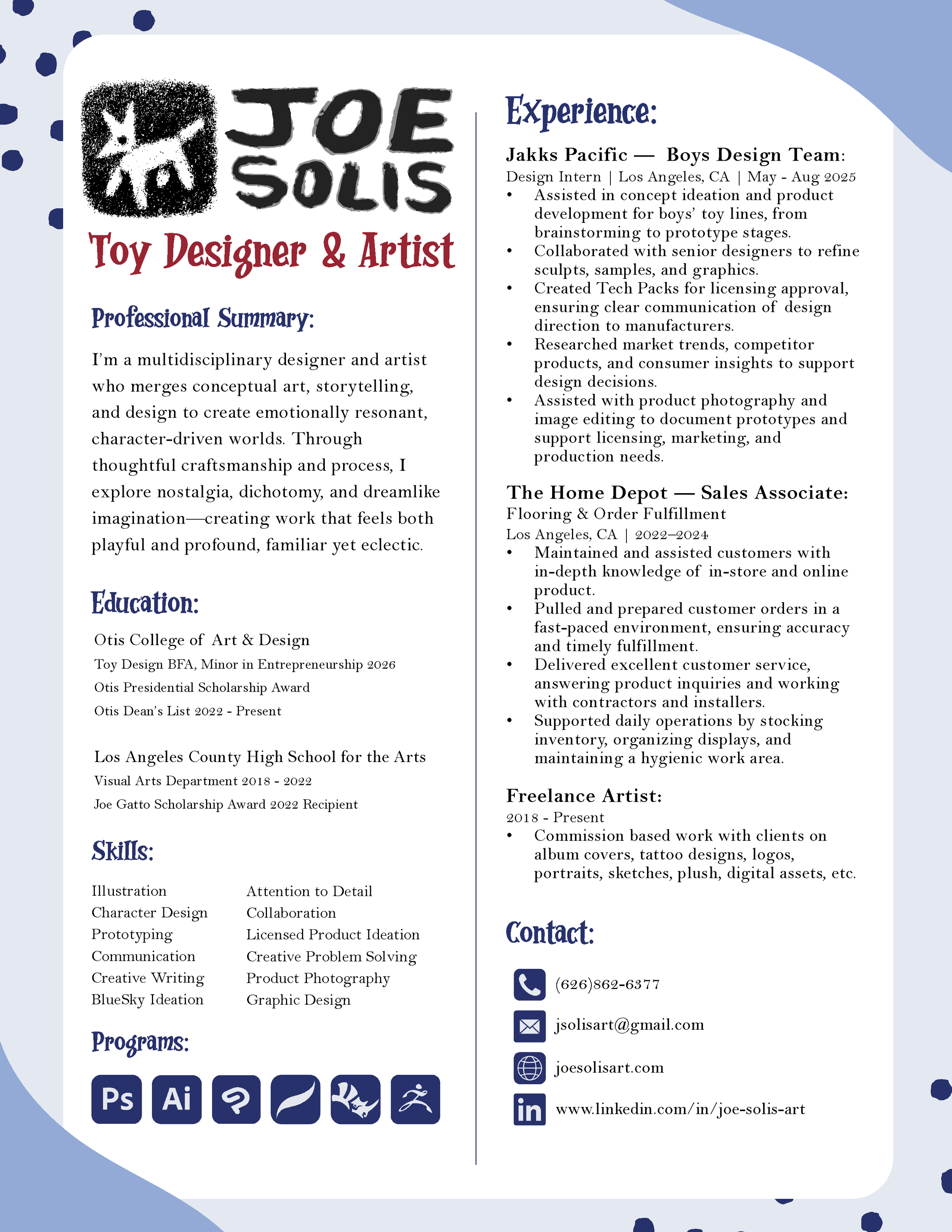 Resume of Joe Solis, a toy designer and artist, with sections on experience, education, skills, programs, and contact information, decorated with playful blue and black graphics and icons.