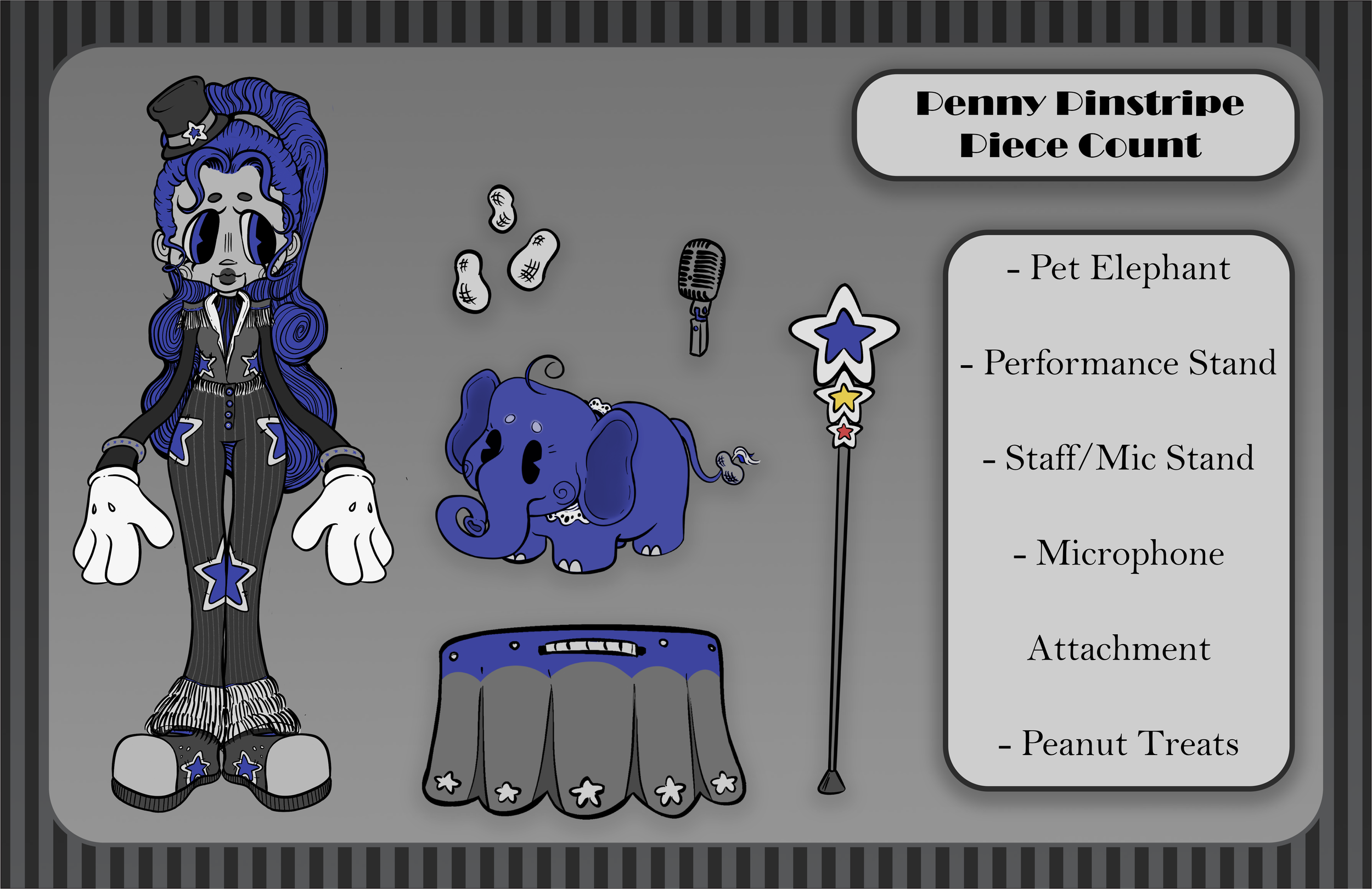 A scene with a cartoon woman dressed in a black and blue pinstriped outfit with star decorations, wearing a top hat with a star, and large boots with stars. Beside her is a blue cartoon elephant, a microphone, and a star-shaped performance stand with