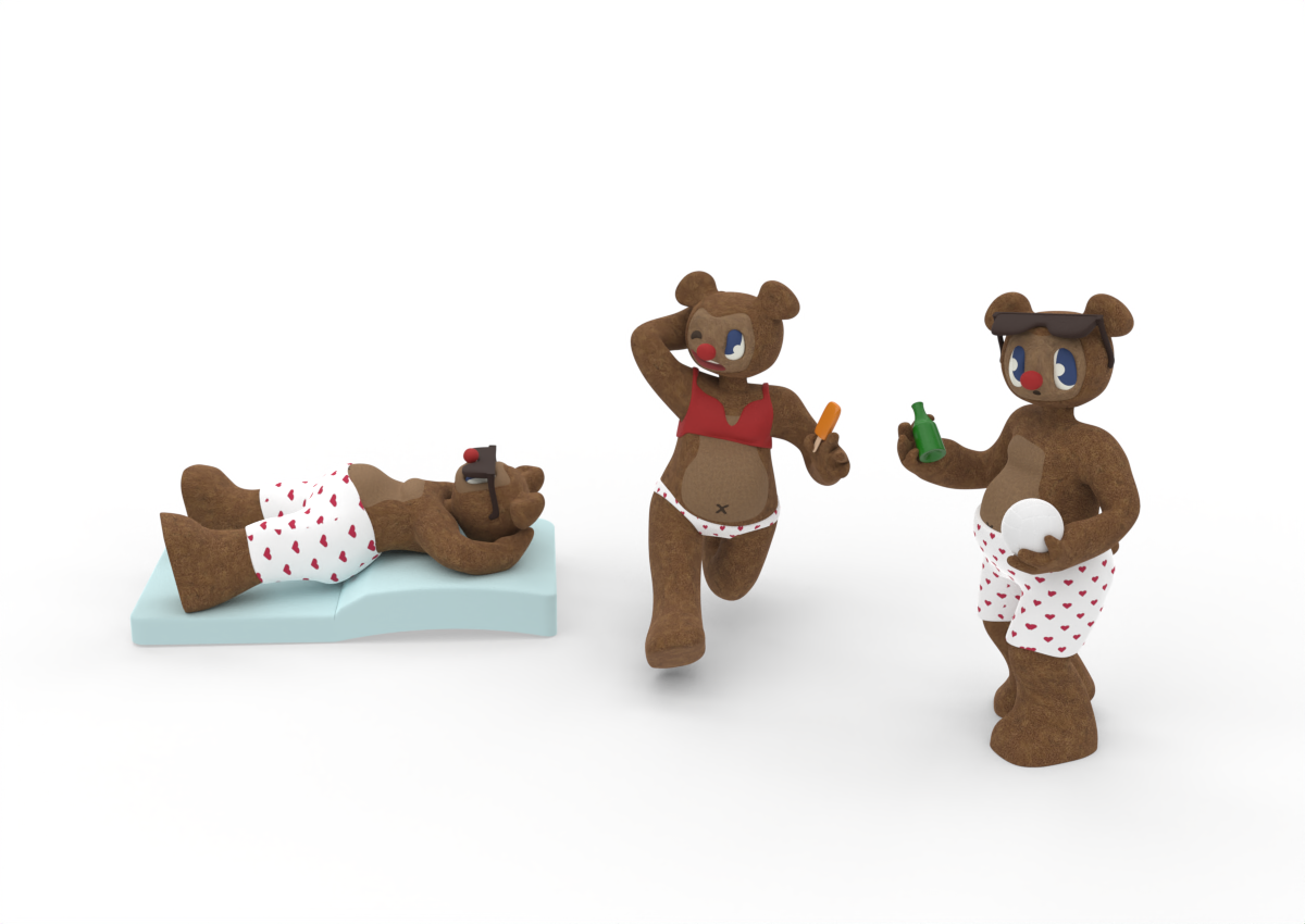 Three cartoon bear characters in underwear with heart patterns, one lying on a mattress with a remote and sunglasses, and two standing and holding drinks and a ball, on a plain white background.