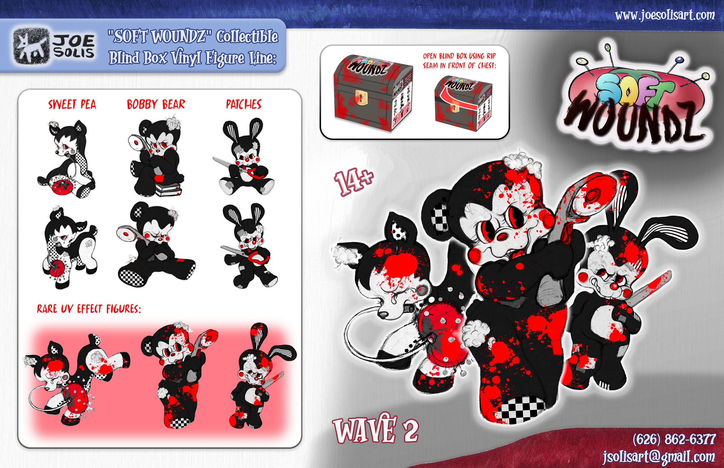 Image of collectible vinyl figures called 'Soft Woundz' featuring characters named Sweet Pea, Bobby Bear, and Patches, with a graphic showing the packaging process, and an area labeled 'Rare UV Effect Figures' with blood splatter effects, for ages 14