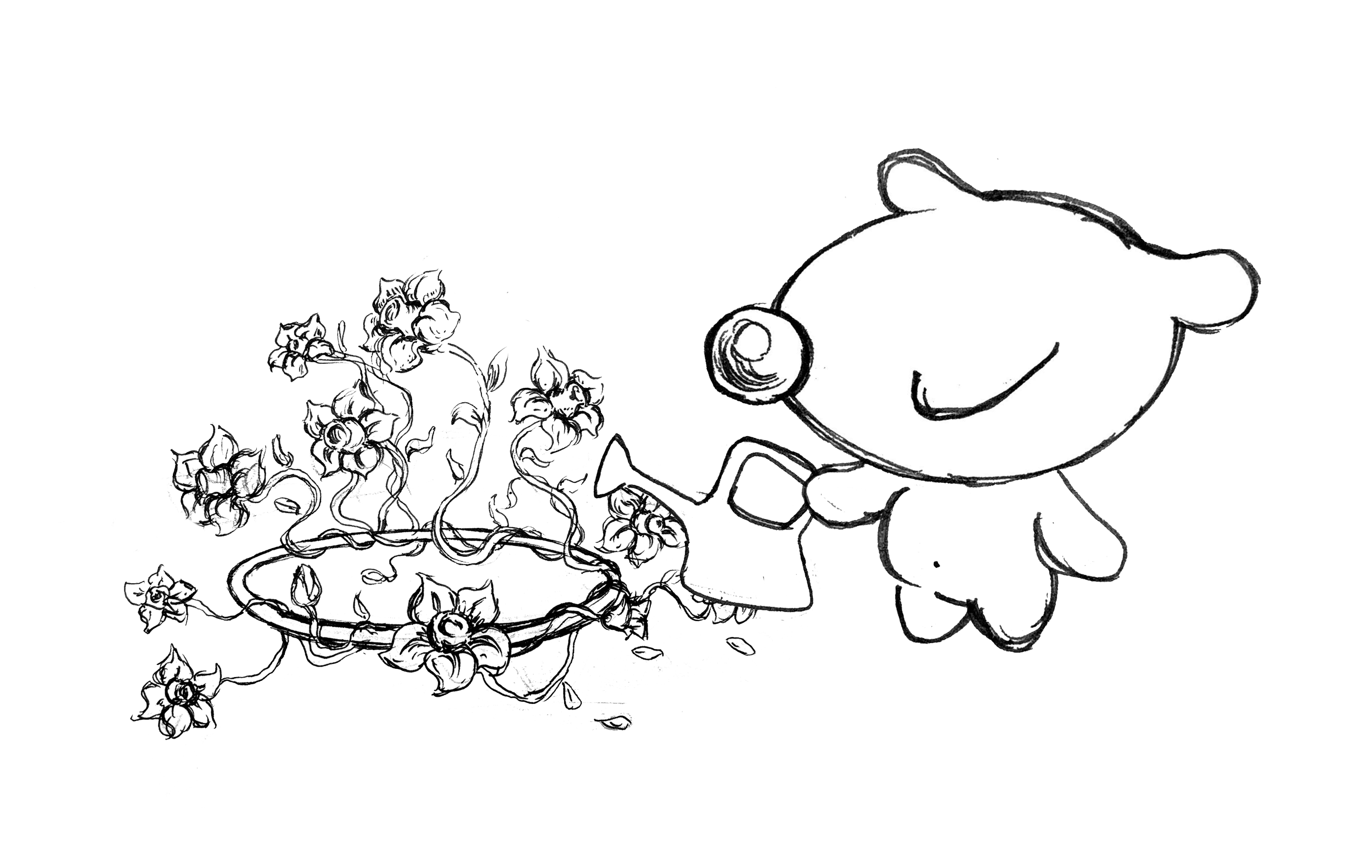 A cartoon dog with floppy ears standing next to a cake decorated with flowers and vines, with a small cat in the background.