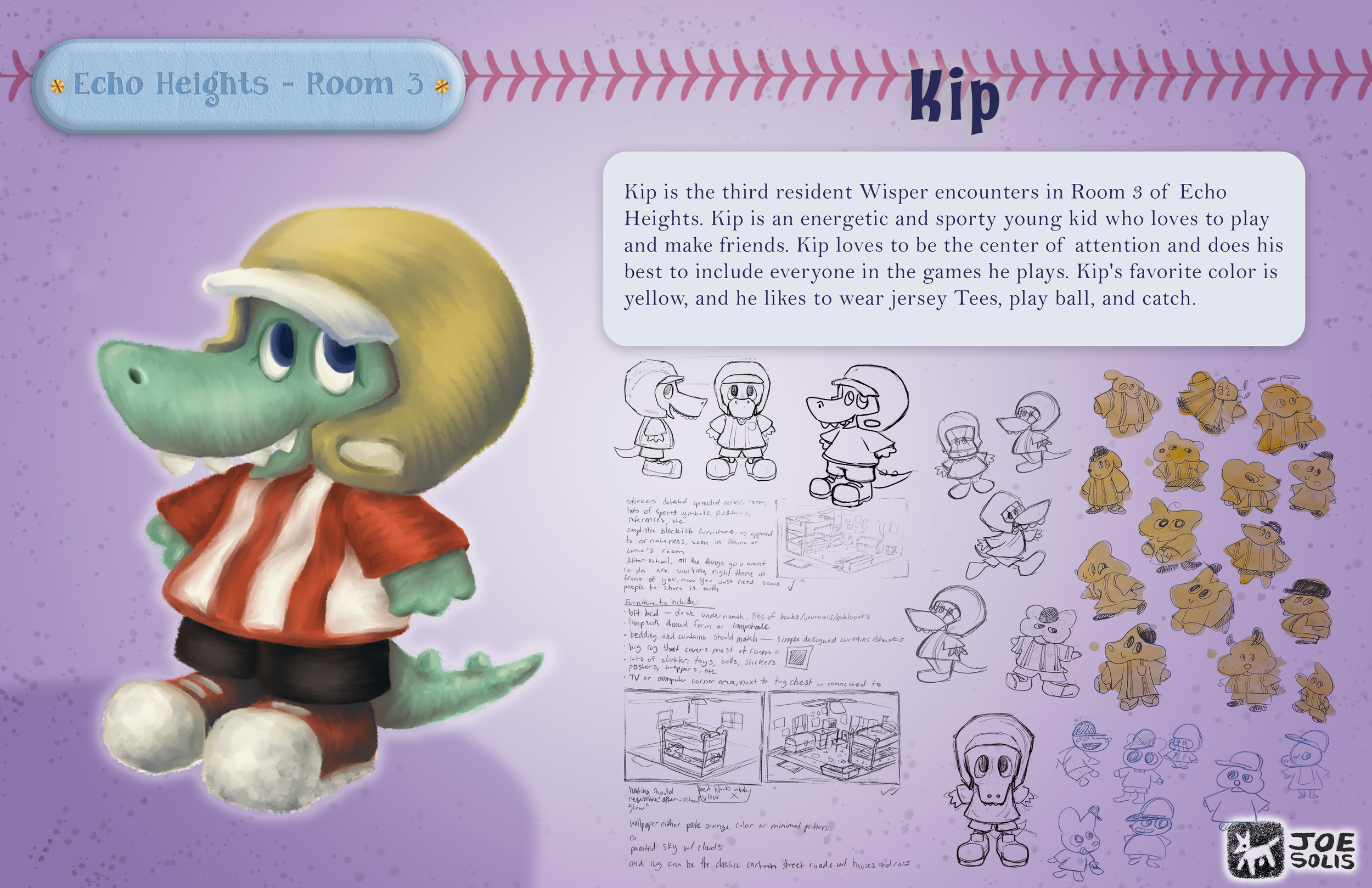 Colorful display of a character named Kip from the game 'Wisper'; Kip is a green dinosaur-like creature with a large head, big eyes, and a white hat, wearing a red and white striped shirt, black pants, and white shoes, accompanied by sketches and not