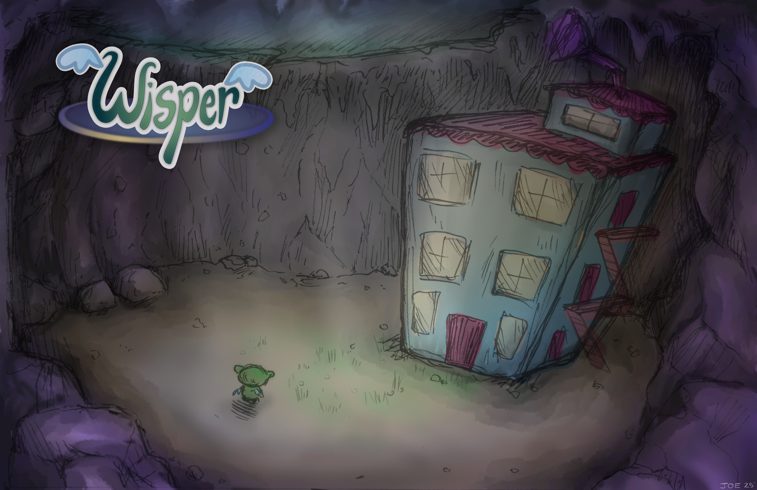 A small child dressed in green is walking in a rocky, dark cave towards a colorful, multi-story building with large windows and a red roof. The building appears tilted and surreal. The word 'Wisper' is written in a stylized font with two small clouds