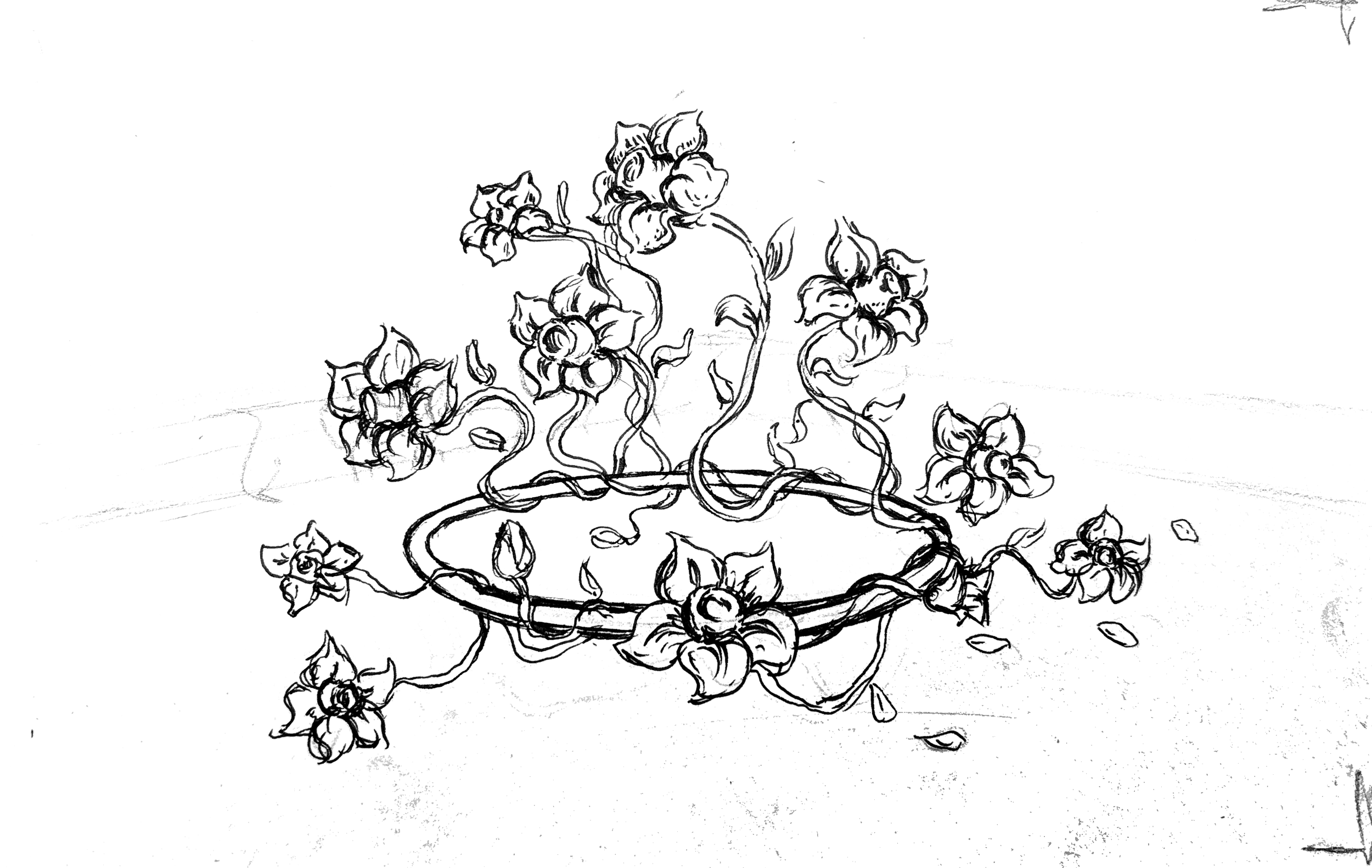 Sketch of a circular floral basket with blooming flowers and floating petals.
