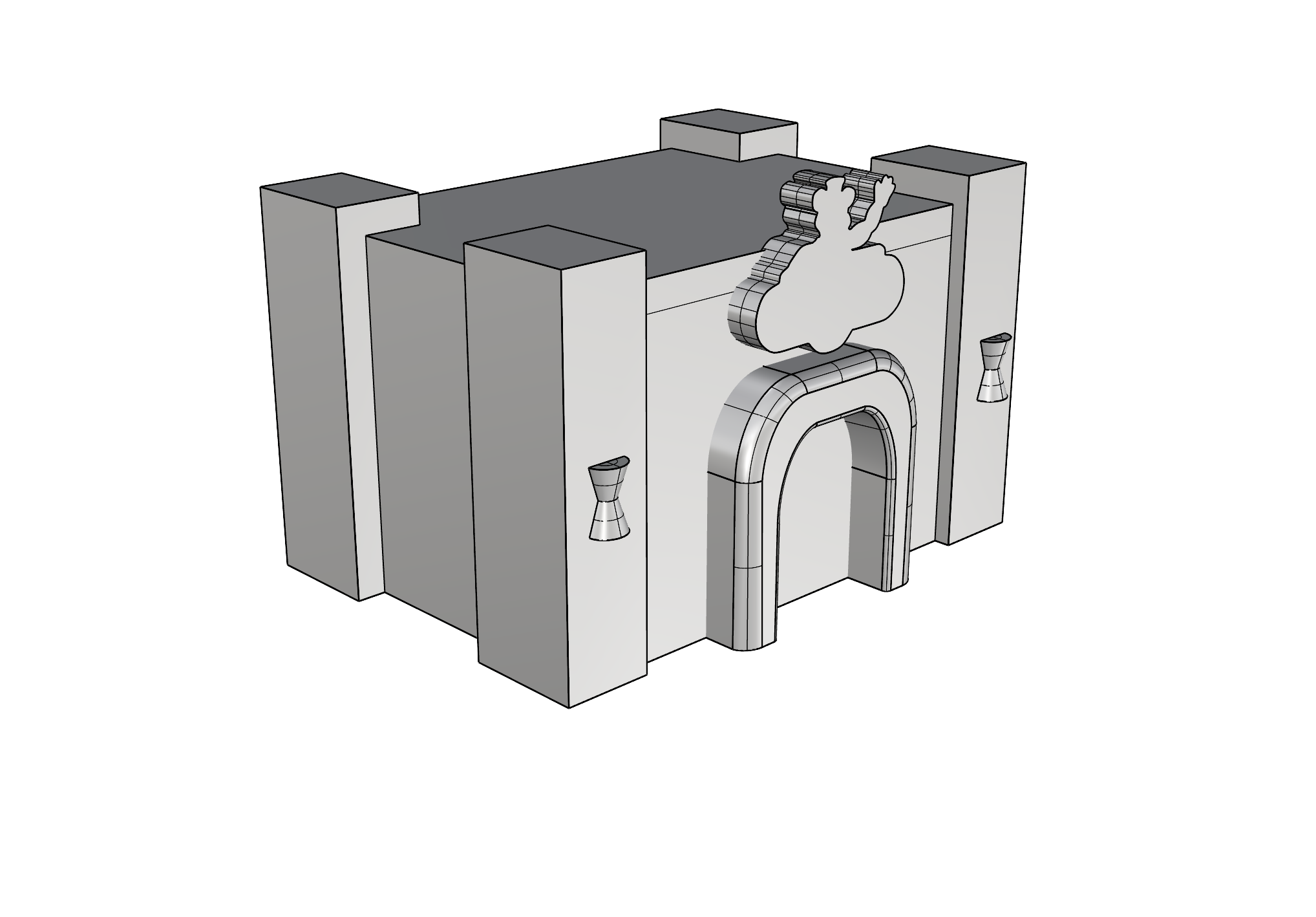 3D model of a building with a chimney, pipes, and a fluffy cloud-shaped element attached to the front.
