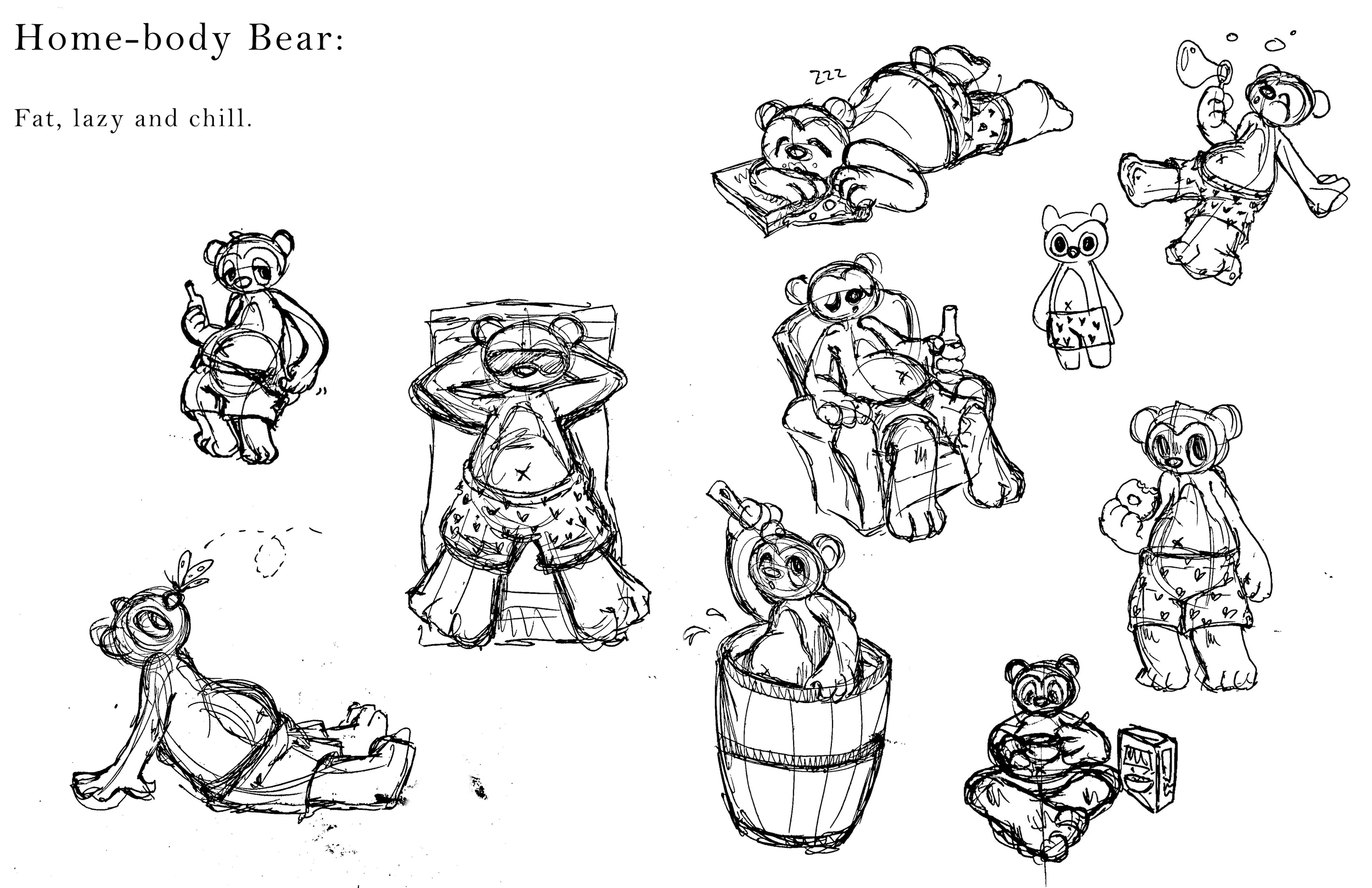 Sketch of various relaxed bears engaging in leisure activities. One bear is sleeping on a pizza, another is sitting with a bottle, and others are sitting or lying around with different objects like a skateboard, teddy bear, and a drink.
