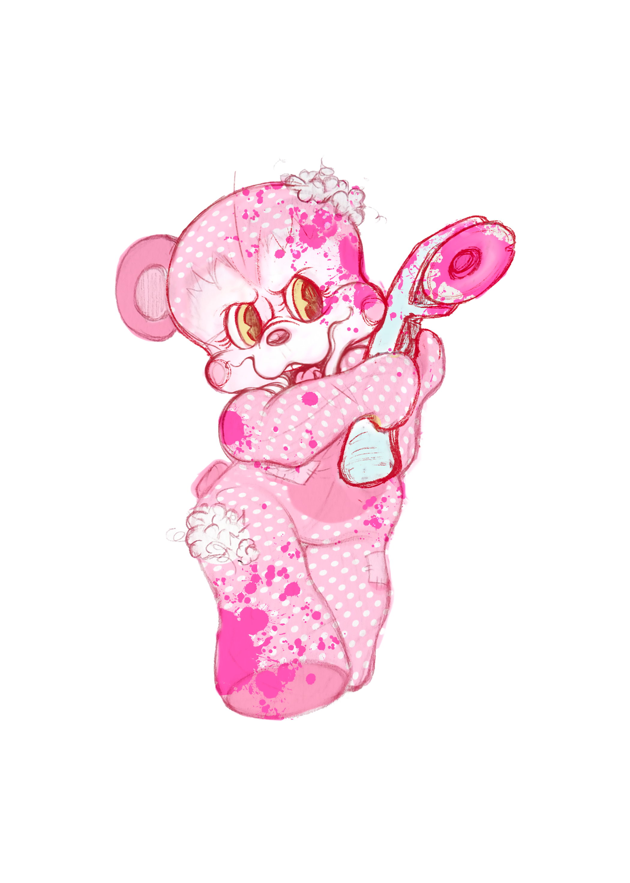 A cartoonish illustration of a bear with polka dots, looking a bit psychotic, holding a makeshift axe, with pink paint splatters on its body.